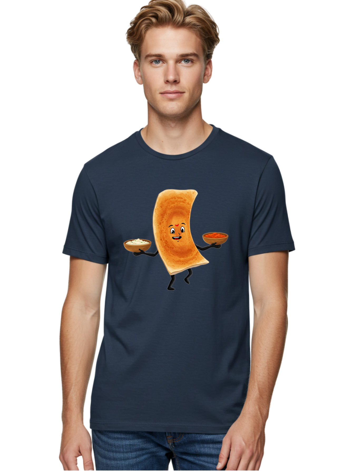 Dosa-Character Men'S Graphic Tee, 100% Cotton, Comfortable Casual Summer Wear, Machine Washable, Cartoon Chapati, Indian Flatbread, Smiling Face, Bowls Of Chutney And Raita, Black Arms And Legs, Happy Expression, Traditional Cuisine, Baa538