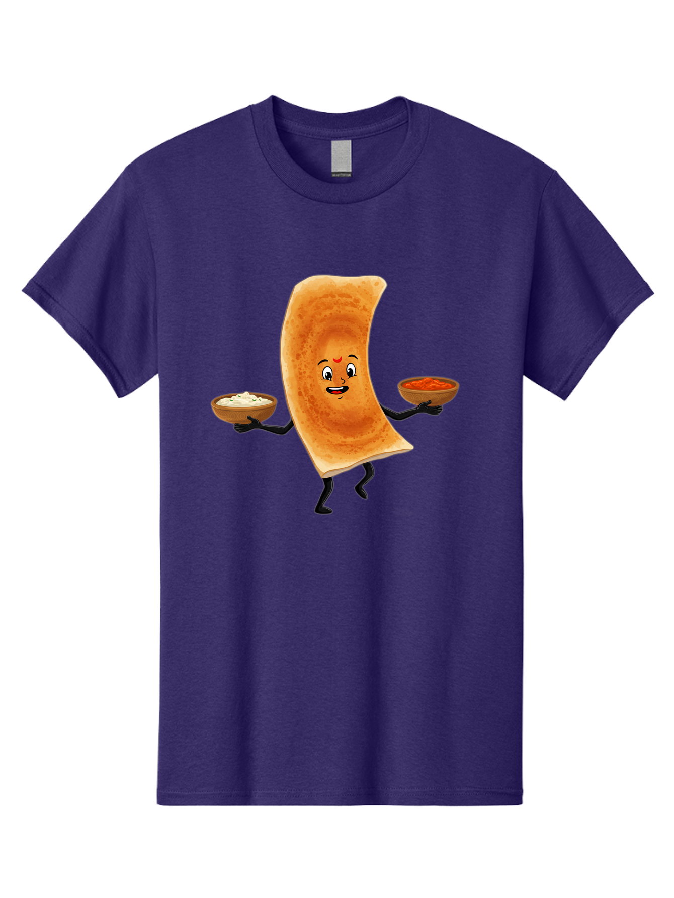 Dosa-Character Men'S Graphic Tee, 100% Cotton, Comfortable Casual Summer Wear, Machine Washable, Cartoon Chapati, Indian Flatbread, Smiling Face, Bowls Of Chutney And Raita, Black Arms And Legs, Happy Expression, Traditional Cuisine, Baa538
