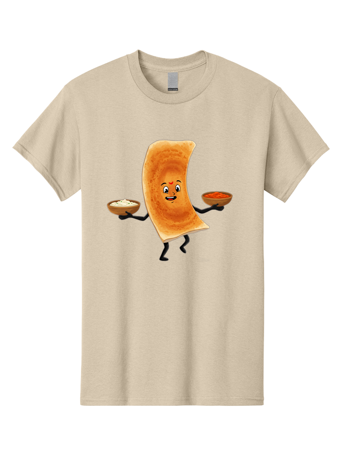 Dosa-Character Men'S Graphic Tee, 100% Cotton, Comfortable Casual Summer Wear, Machine Washable, Cartoon Chapati, Indian Flatbread, Smiling Face, Bowls Of Chutney And Raita, Black Arms And Legs, Happy Expression, Traditional Cuisine, Baa538