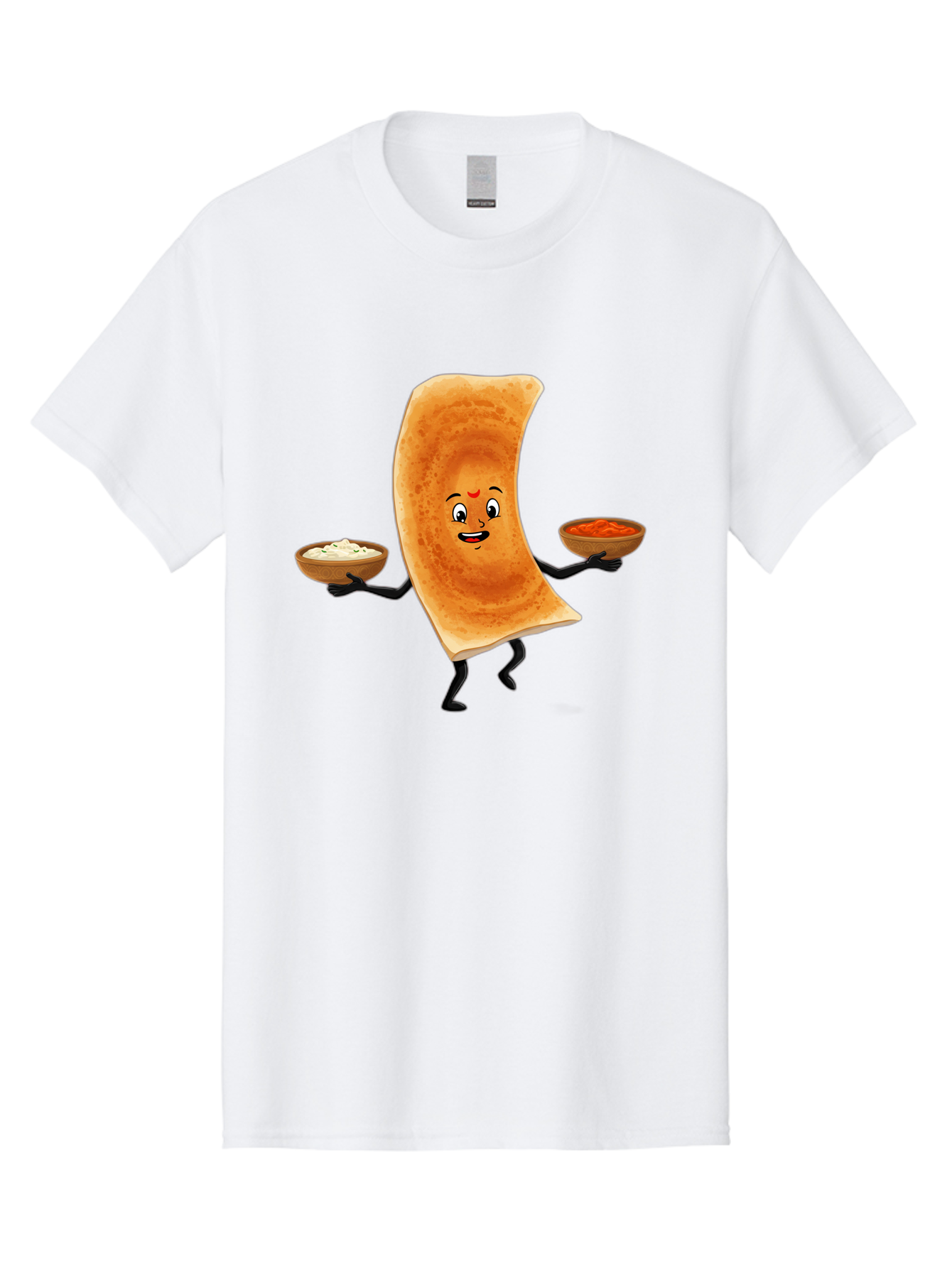 Dosa-Character Men'S Graphic Tee, 100% Cotton, Comfortable Casual Summer Wear, Machine Washable, Cartoon Chapati, Indian Flatbread, Smiling Face, Bowls Of Chutney And Raita, Black Arms And Legs, Happy Expression, Traditional Cuisine, Baa538