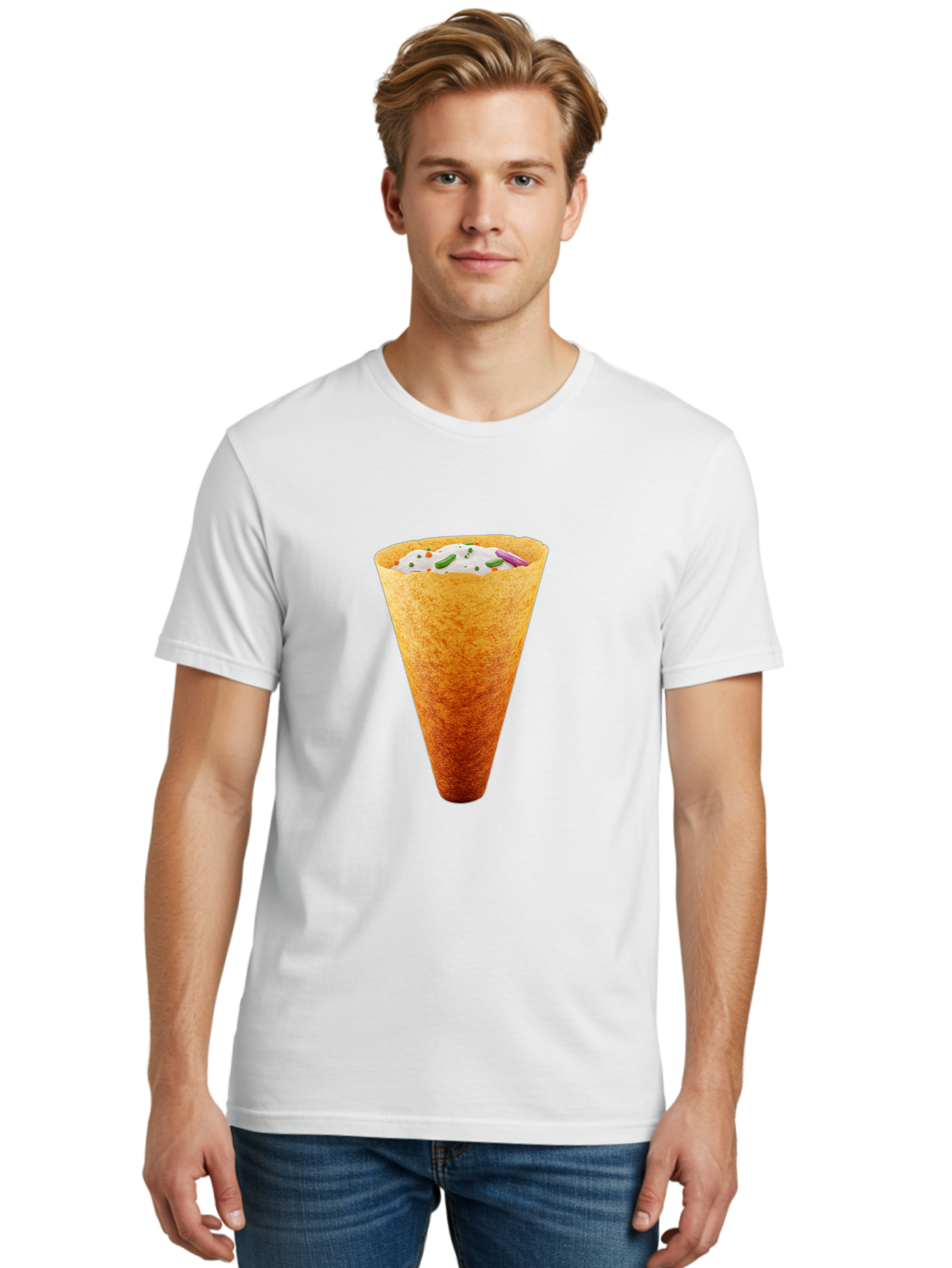 Dosa-Cone Men'S Graphic Tee, 100% Cotton, Comfortable Casual Summer Wear, Machine Washable, Masala Cone, Indian Street Food, Crispy Cone, Savory Snack, Flavorful Filling, Chutney, Spices, Appetizing Treat Baa540