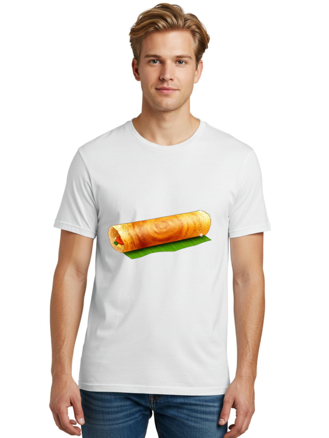 Dosa-Roll Men'S Graphic Tee, 100% Cotton, Comfortable Casual Summer Wear, Machine Washable, Crispy Spring Roll, Golden Brown, Fried Delicacy, Asian Cuisine, Savory Filling, Delicious Snack, Appetizing Treat, Finger Food Baa542