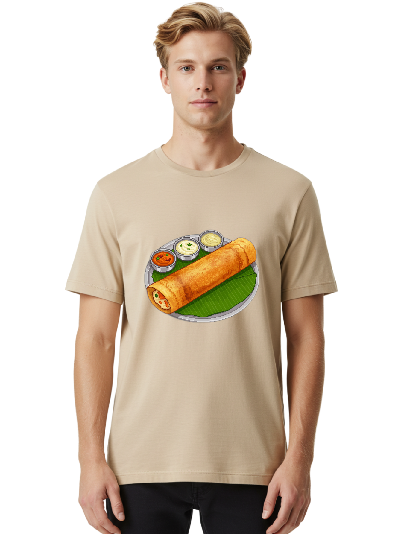 Dosa-With-Chutney-1 Men'S Graphic Tee, 100% Cotton, Comfortable Casual Summer Wear, Machine Washable, South Indian Cuisine, Traditional Breakfast, Dosa With Chutney, Indian Food, Savory Crepe, Fermented Rice, Delicious Dish, Baa543