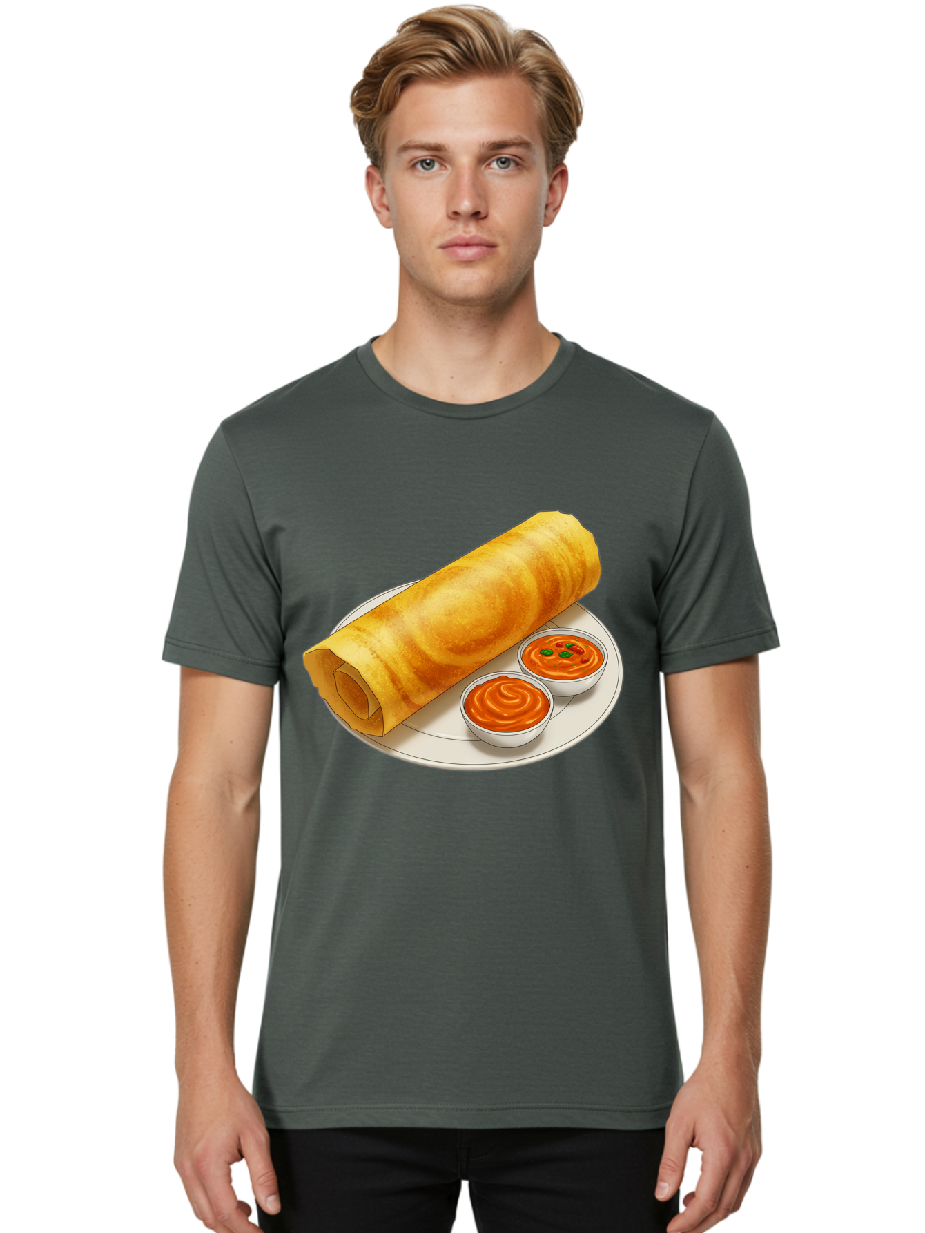 Dosa-With-Chutney Men'S Graphic Tee, 100% Cotton, Comfortable Casual Summer Wear, Machine Washable, Masala Dosa, South Indian Cuisine, Crepe, Spicy Chutney, Savory Dish, Indian Food, Traditional Breakfast, Delicious Meal, Food Illustration, Baa544