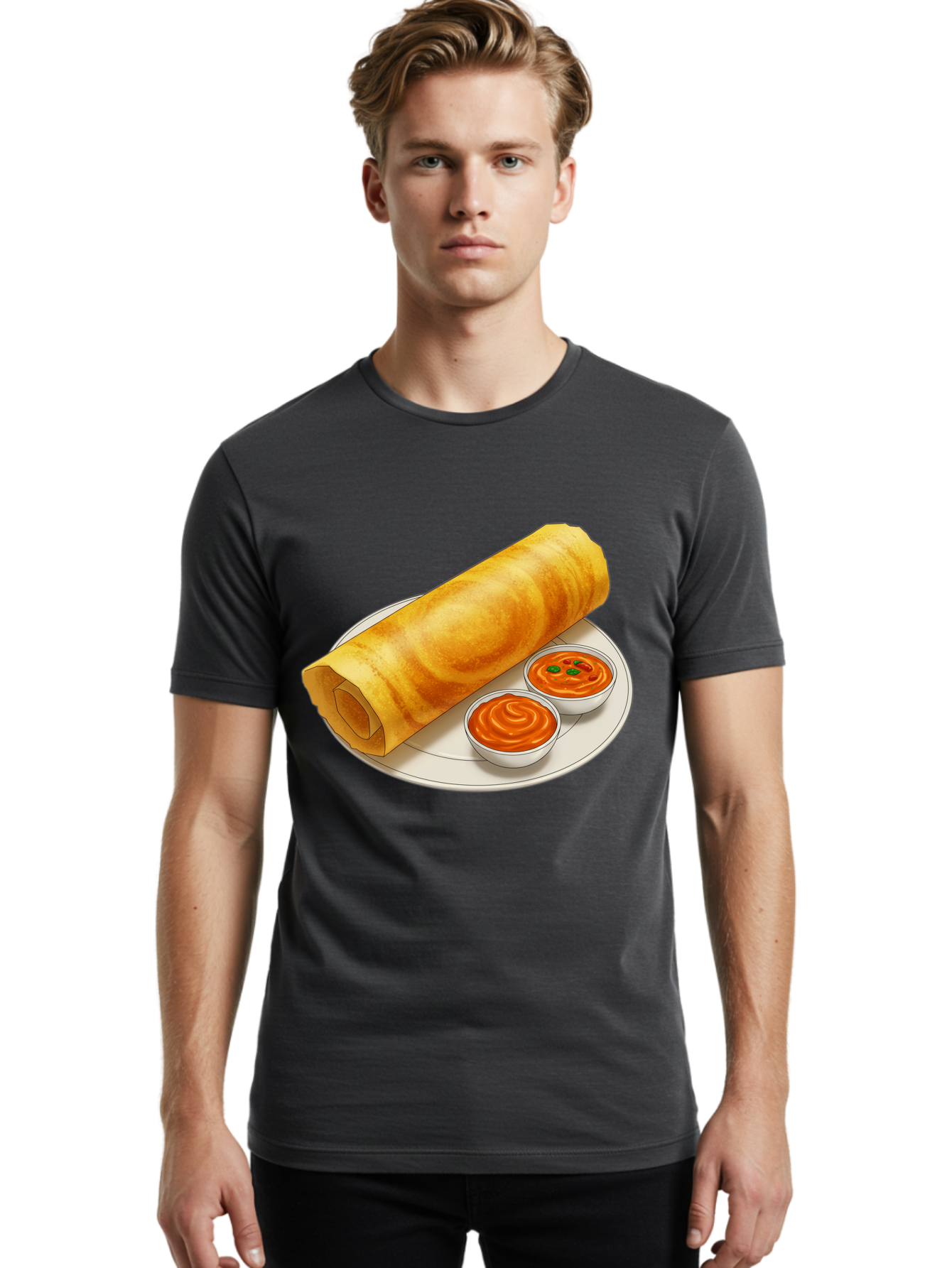 Dosa-With-Chutney Men'S Graphic Tee, 100% Cotton, Comfortable Casual Summer Wear, Machine Washable, Masala Dosa, South Indian Cuisine, Crepe, Spicy Chutney, Savory Dish, Indian Food, Traditional Breakfast, Delicious Meal, Food Illustration, Baa544