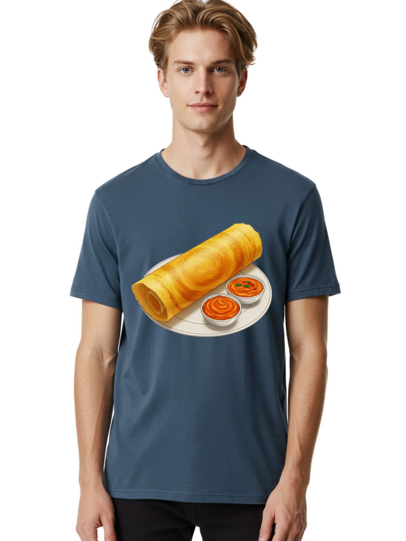 Dosa-With-Chutney Men'S Graphic Tee, 100% Cotton, Comfortable Casual Summer Wear, Machine Washable, Masala Dosa, South Indian Cuisine, Crepe, Spicy Chutney, Savory Dish, Indian Food, Traditional Breakfast, Delicious Meal, Food Illustration, Baa544