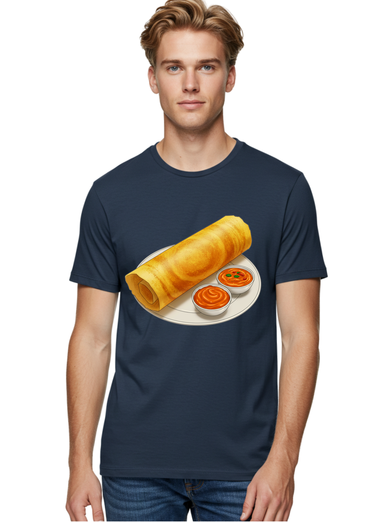 Dosa-With-Chutney Men'S Graphic Tee, 100% Cotton, Comfortable Casual Summer Wear, Machine Washable, Masala Dosa, South Indian Cuisine, Crepe, Spicy Chutney, Savory Dish, Indian Food, Traditional Breakfast, Delicious Meal, Food Illustration, Baa544