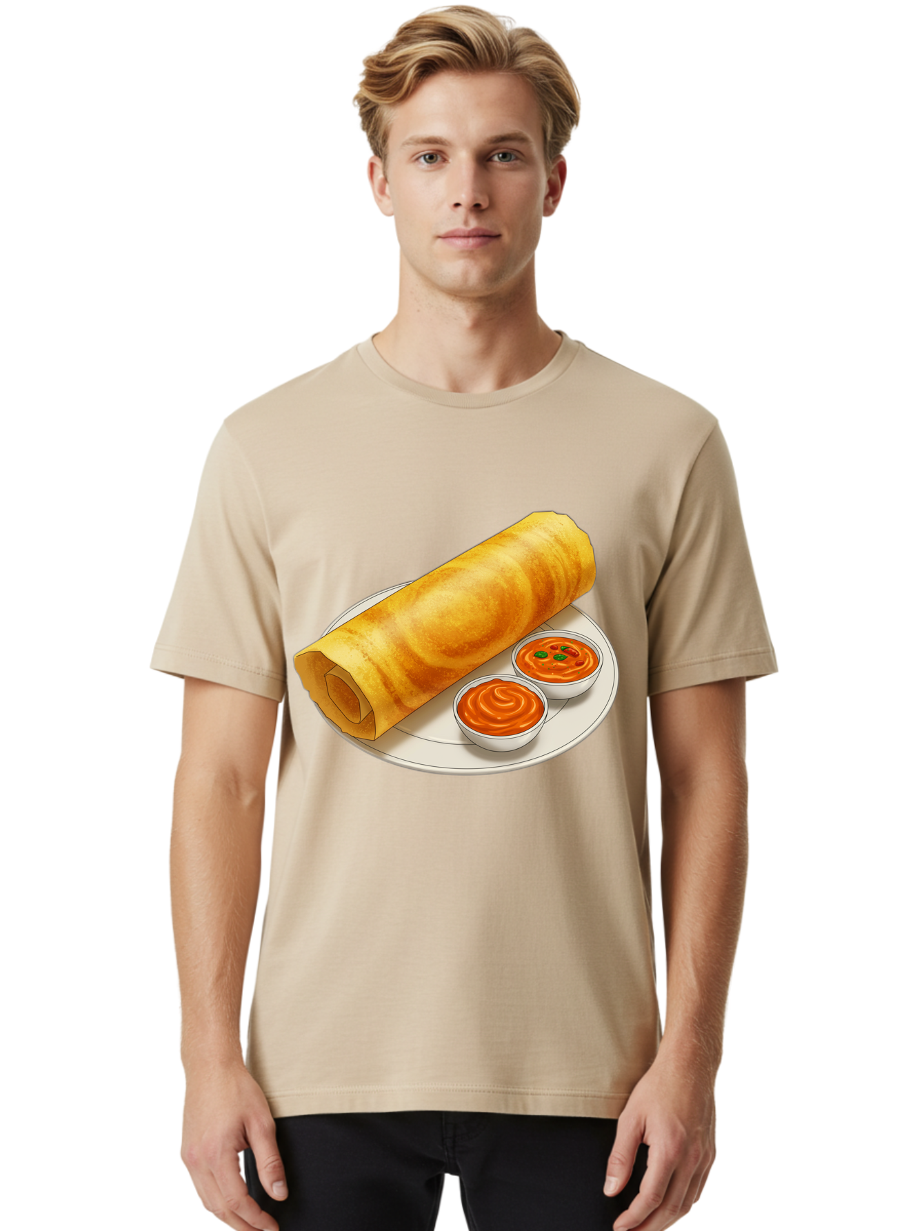 Dosa-With-Chutney Men'S Graphic Tee, 100% Cotton, Comfortable Casual Summer Wear, Machine Washable, Masala Dosa, South Indian Cuisine, Crepe, Spicy Chutney, Savory Dish, Indian Food, Traditional Breakfast, Delicious Meal, Food Illustration, Baa544