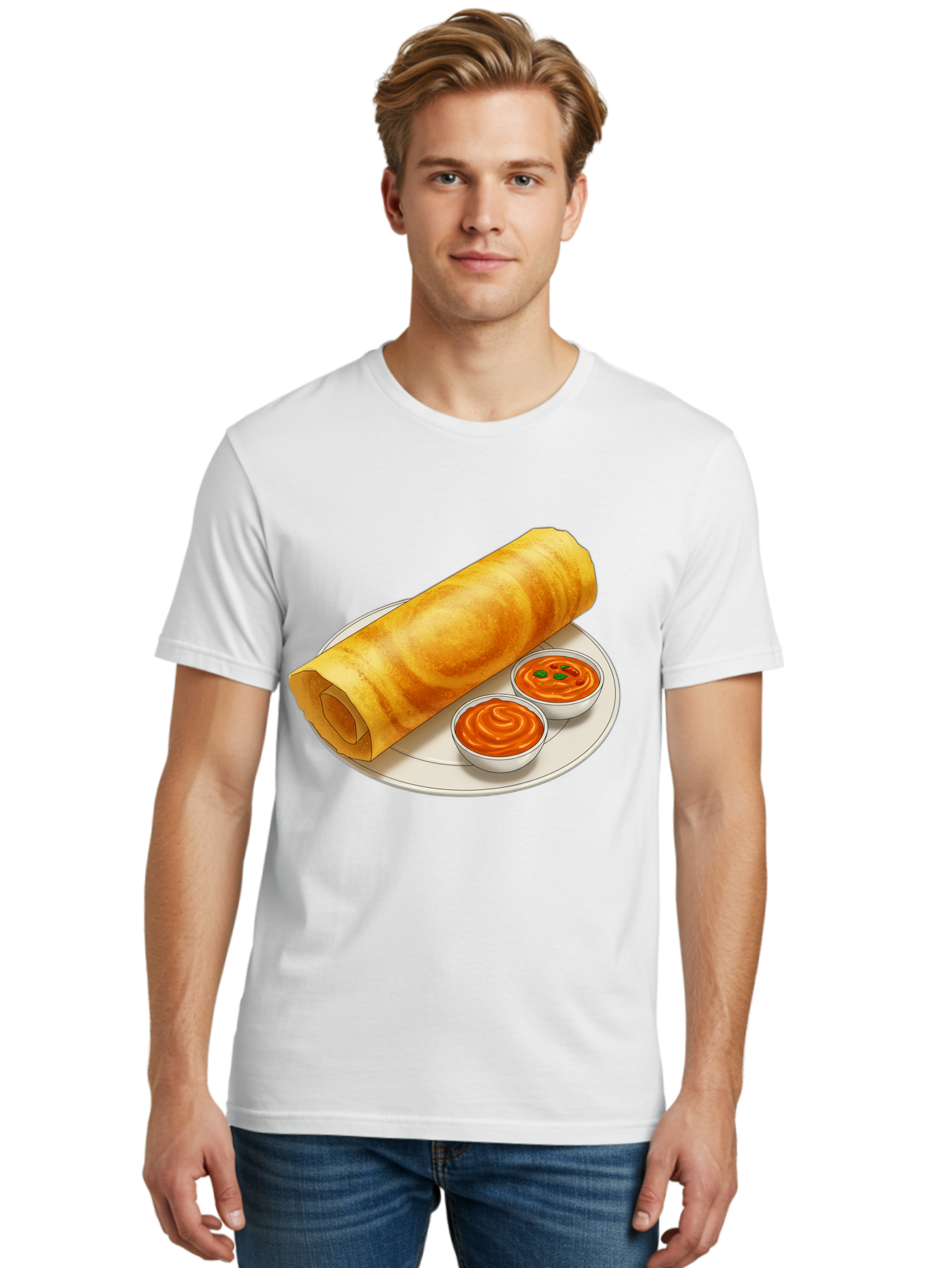 Dosa-With-Chutney Men'S Graphic Tee, 100% Cotton, Comfortable Casual Summer Wear, Machine Washable, Masala Dosa, South Indian Cuisine, Crepe, Spicy Chutney, Savory Dish, Indian Food, Traditional Breakfast, Delicious Meal, Food Illustration, Baa544