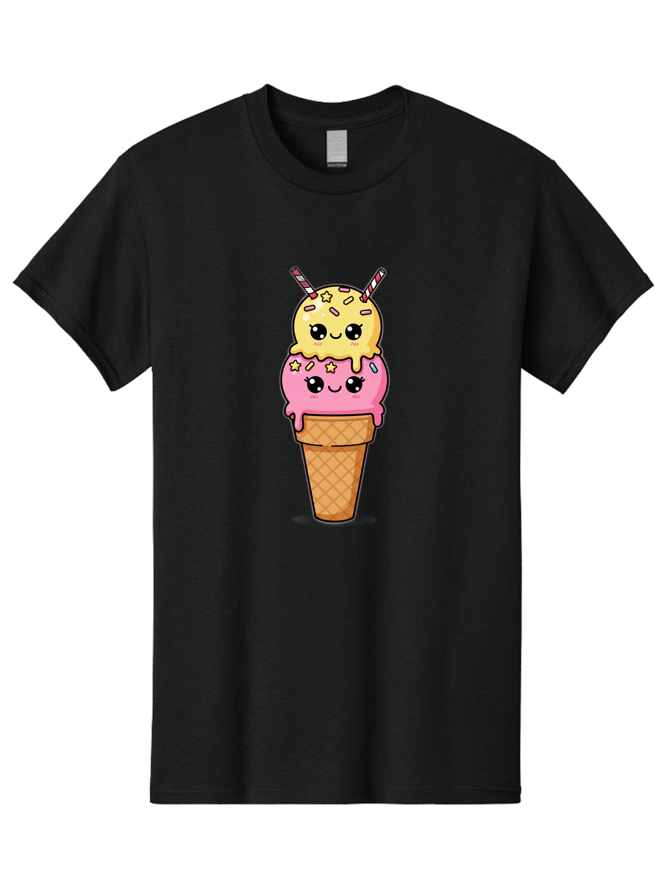 Double-Scoop-Ice-Cream-1 Men'S Graphic Tee, 100% Cotton, Comfortable Casual Summer Wear, Machine Washable, Two-Scoop Ice Cream, Melting Ice Cream, Pastel Colors, Cute Illustration, Pink And Yellow Scoops, Waffle Cone, Cartoon Style, Baa546