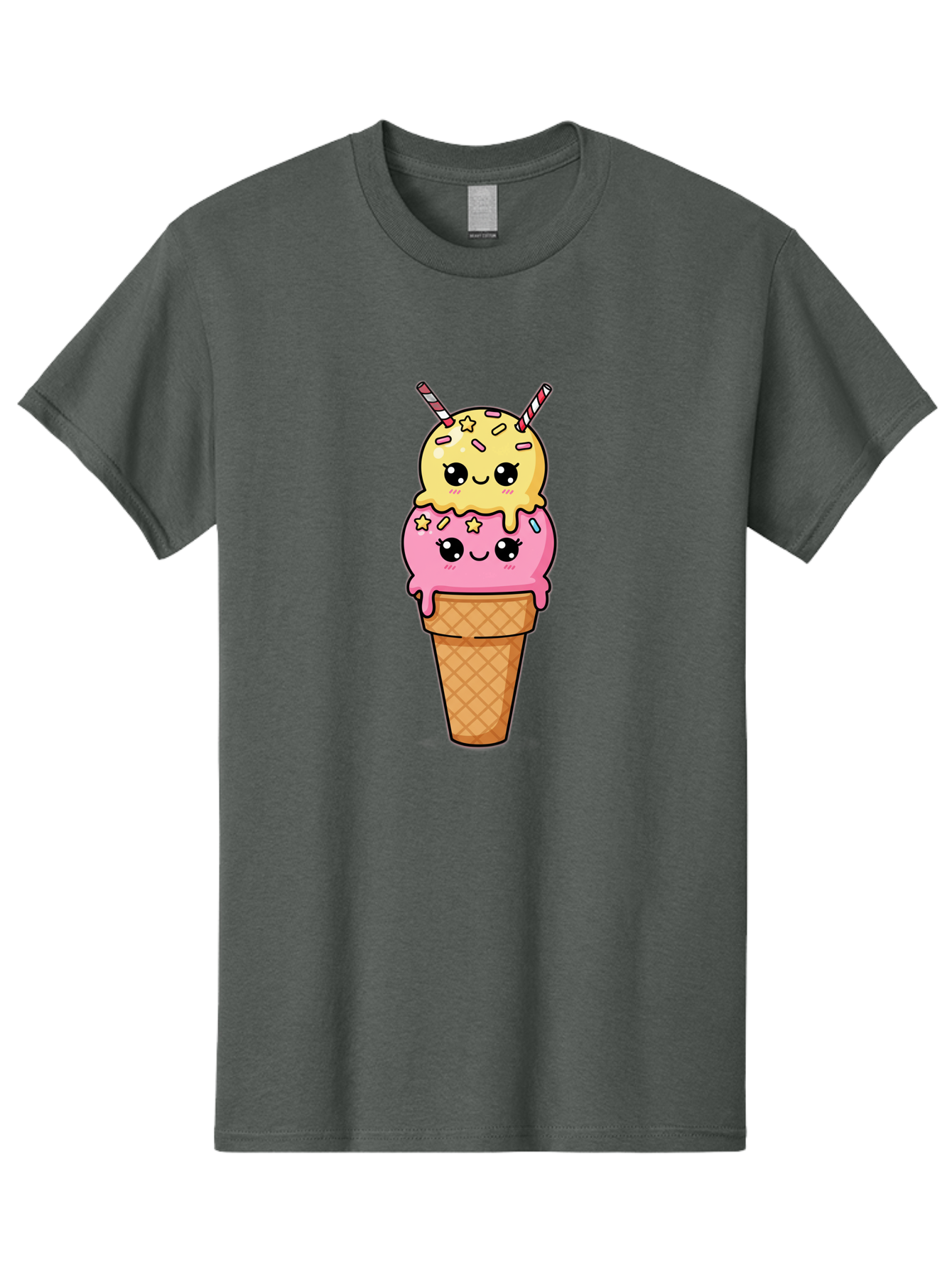 Double-Scoop-Ice-Cream-1 Men'S Graphic Tee, 100% Cotton, Comfortable Casual Summer Wear, Machine Washable, Two-Scoop Ice Cream, Melting Ice Cream, Pastel Colors, Cute Illustration, Pink And Yellow Scoops, Waffle Cone, Cartoon Style, Baa546