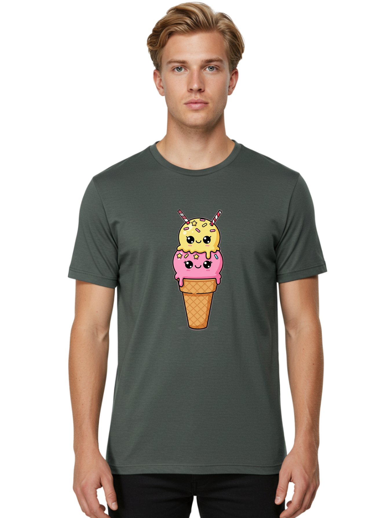 Double-Scoop-Ice-Cream-1 Men'S Graphic Tee, 100% Cotton, Comfortable Casual Summer Wear, Machine Washable, Two-Scoop Ice Cream, Melting Ice Cream, Pastel Colors, Cute Illustration, Pink And Yellow Scoops, Waffle Cone, Cartoon Style, Baa546