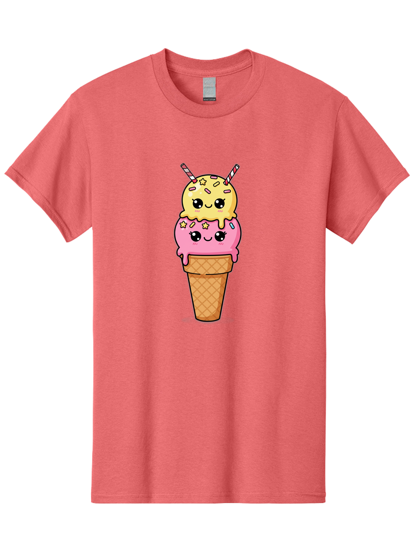 Double-Scoop-Ice-Cream-1 Men'S Graphic Tee, 100% Cotton, Comfortable Casual Summer Wear, Machine Washable, Two-Scoop Ice Cream, Melting Ice Cream, Pastel Colors, Cute Illustration, Pink And Yellow Scoops, Waffle Cone, Cartoon Style, Baa546