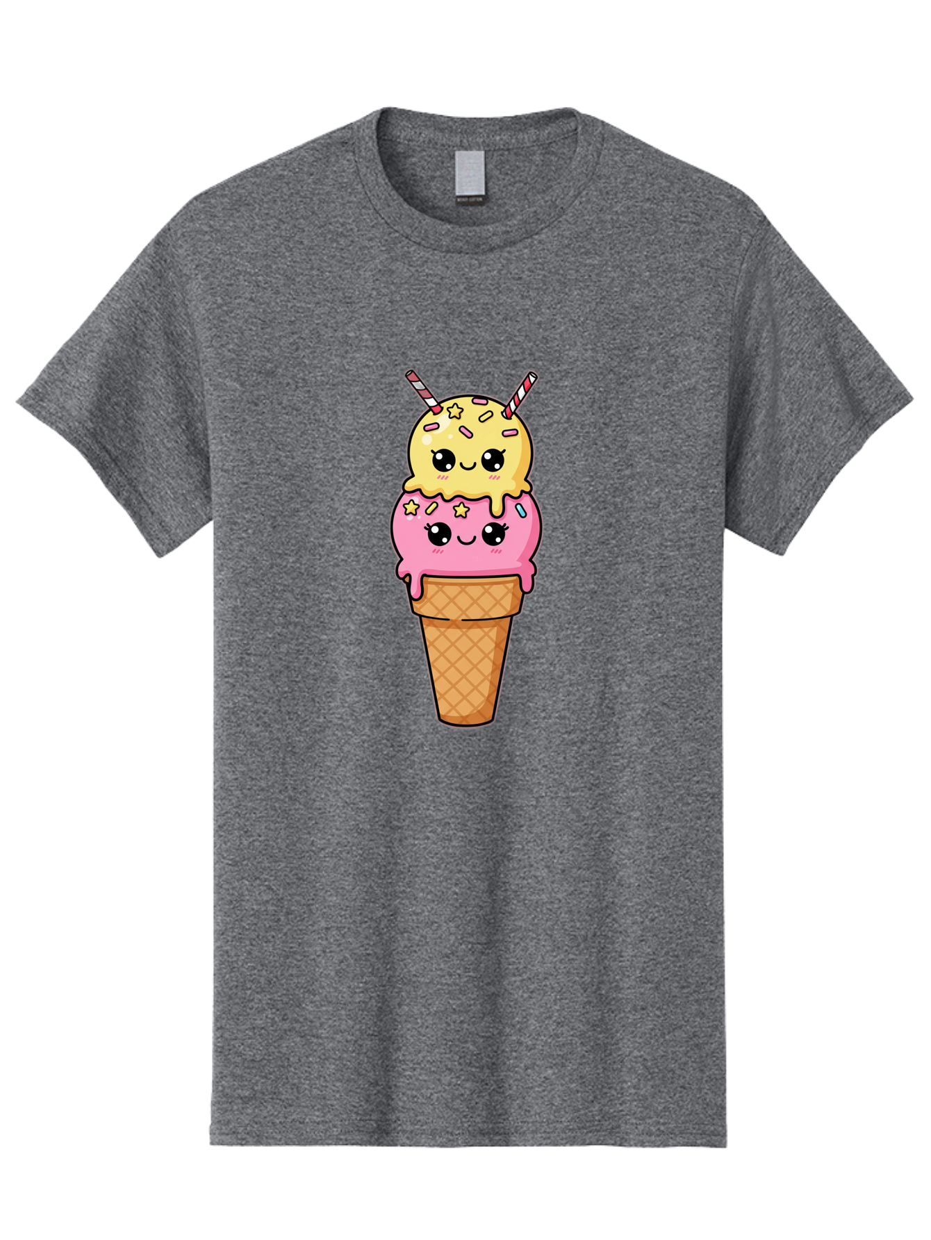 Double-Scoop-Ice-Cream-1 Men'S Graphic Tee, 100% Cotton, Comfortable Casual Summer Wear, Machine Washable, Two-Scoop Ice Cream, Melting Ice Cream, Pastel Colors, Cute Illustration, Pink And Yellow Scoops, Waffle Cone, Cartoon Style, Baa546