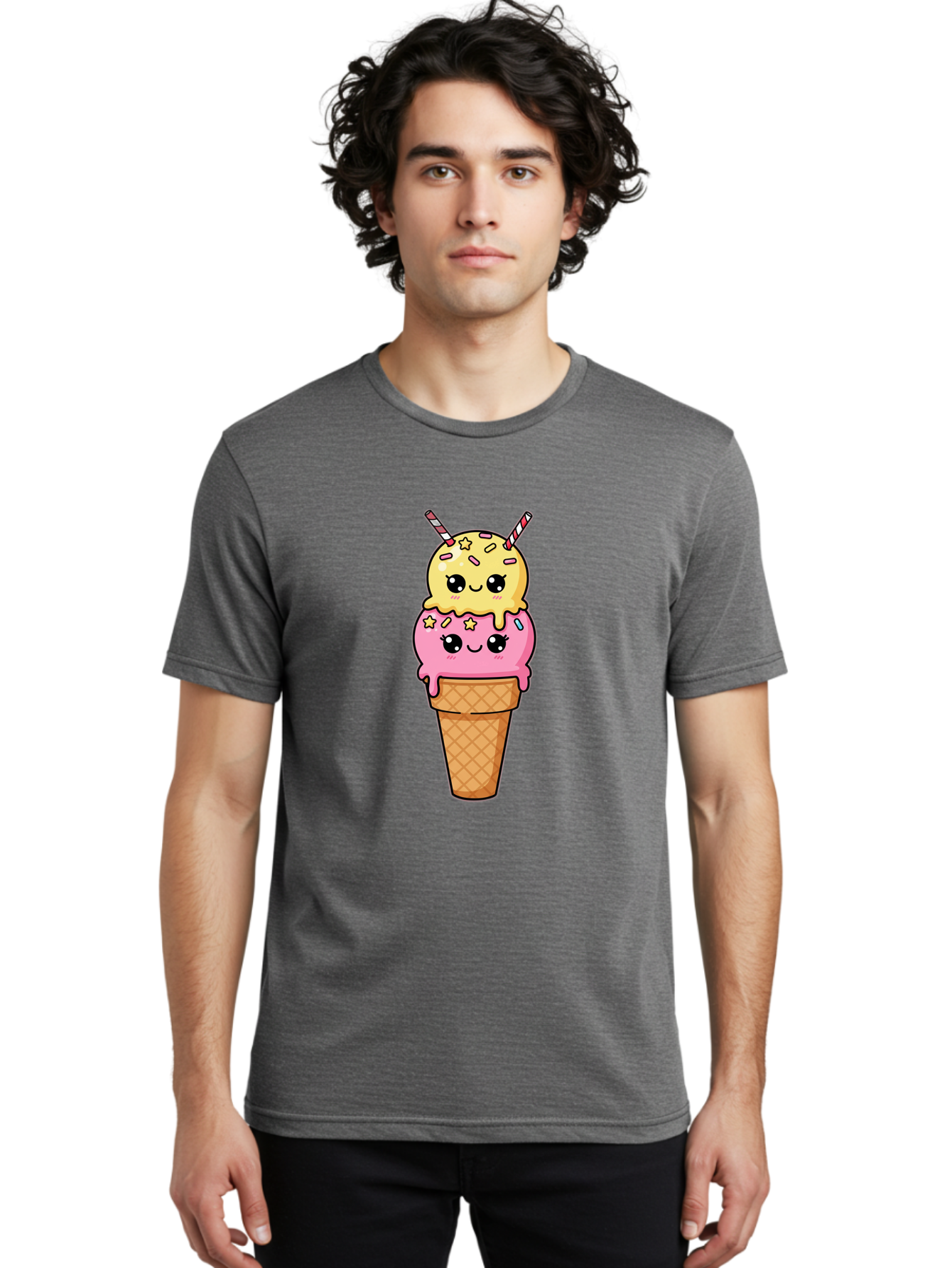 Double-Scoop-Ice-Cream-1 Men'S Graphic Tee, 100% Cotton, Comfortable Casual Summer Wear, Machine Washable, Two-Scoop Ice Cream, Melting Ice Cream, Pastel Colors, Cute Illustration, Pink And Yellow Scoops, Waffle Cone, Cartoon Style, Baa546