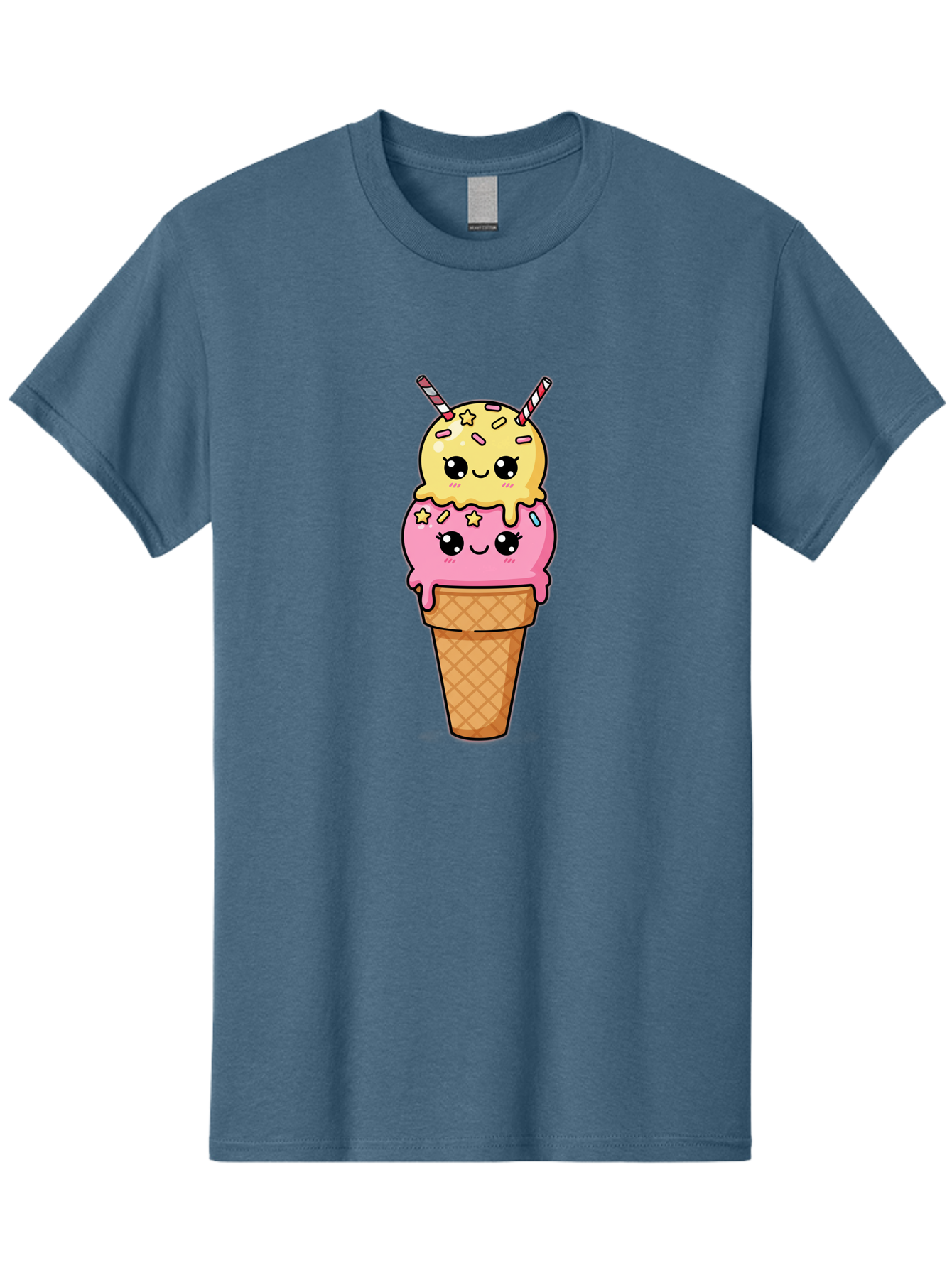 Double-Scoop-Ice-Cream-1 Men'S Graphic Tee, 100% Cotton, Comfortable Casual Summer Wear, Machine Washable, Two-Scoop Ice Cream, Melting Ice Cream, Pastel Colors, Cute Illustration, Pink And Yellow Scoops, Waffle Cone, Cartoon Style, Baa546