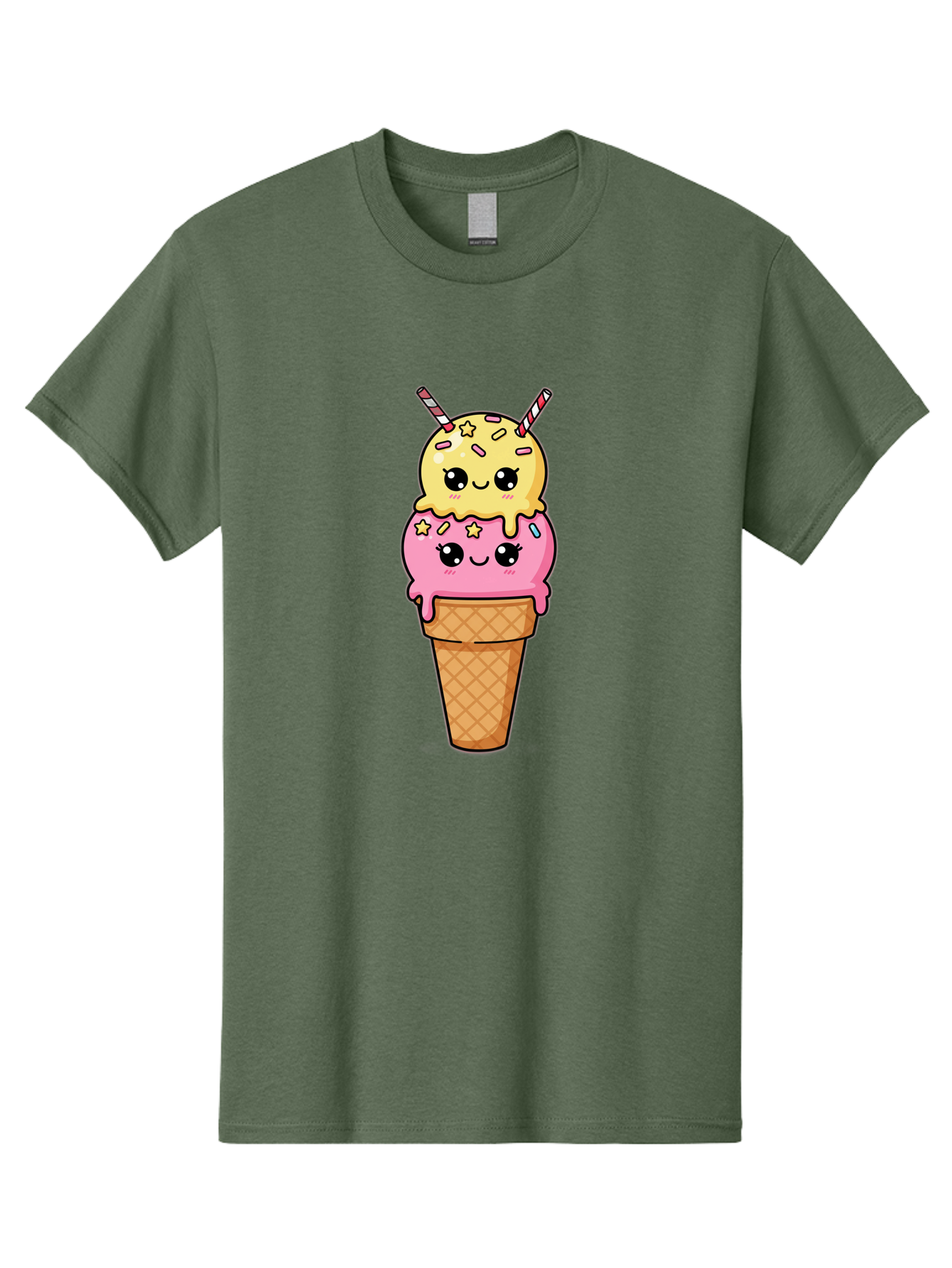 Double-Scoop-Ice-Cream-1 Men'S Graphic Tee, 100% Cotton, Comfortable Casual Summer Wear, Machine Washable, Two-Scoop Ice Cream, Melting Ice Cream, Pastel Colors, Cute Illustration, Pink And Yellow Scoops, Waffle Cone, Cartoon Style, Baa546