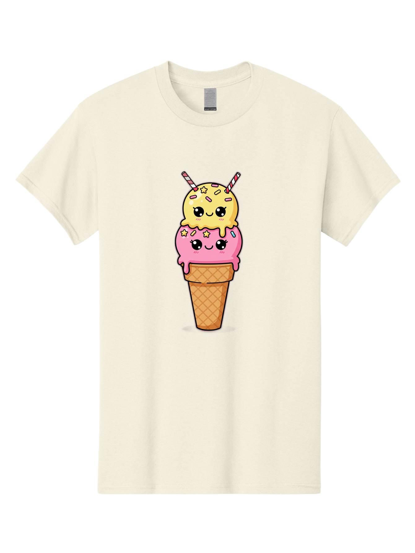 Double-Scoop-Ice-Cream-1 Men'S Graphic Tee, 100% Cotton, Comfortable Casual Summer Wear, Machine Washable, Two-Scoop Ice Cream, Melting Ice Cream, Pastel Colors, Cute Illustration, Pink And Yellow Scoops, Waffle Cone, Cartoon Style, Baa546