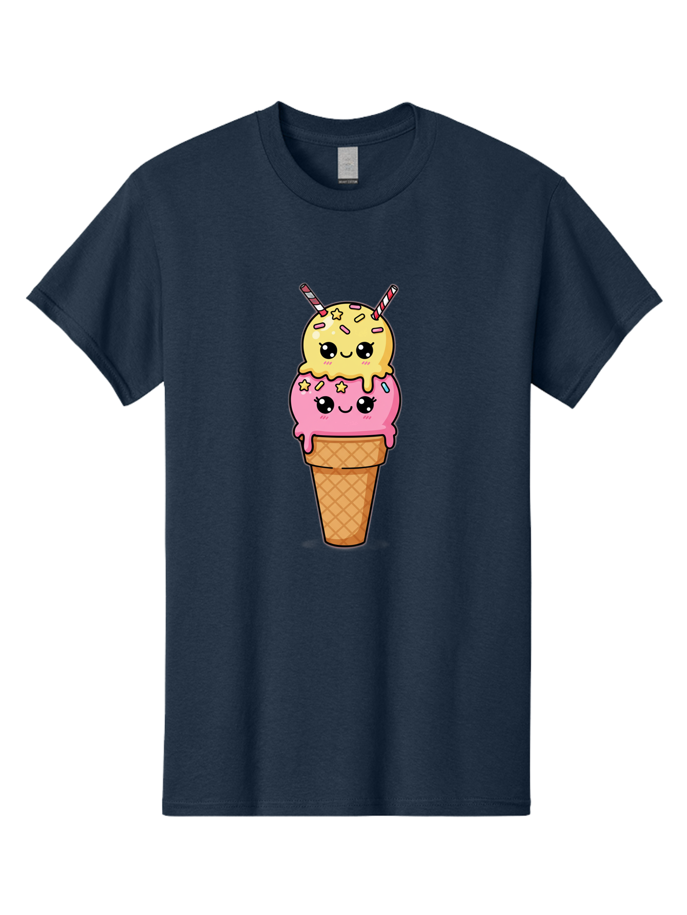 Double-Scoop-Ice-Cream-1 Men'S Graphic Tee, 100% Cotton, Comfortable Casual Summer Wear, Machine Washable, Two-Scoop Ice Cream, Melting Ice Cream, Pastel Colors, Cute Illustration, Pink And Yellow Scoops, Waffle Cone, Cartoon Style, Baa546