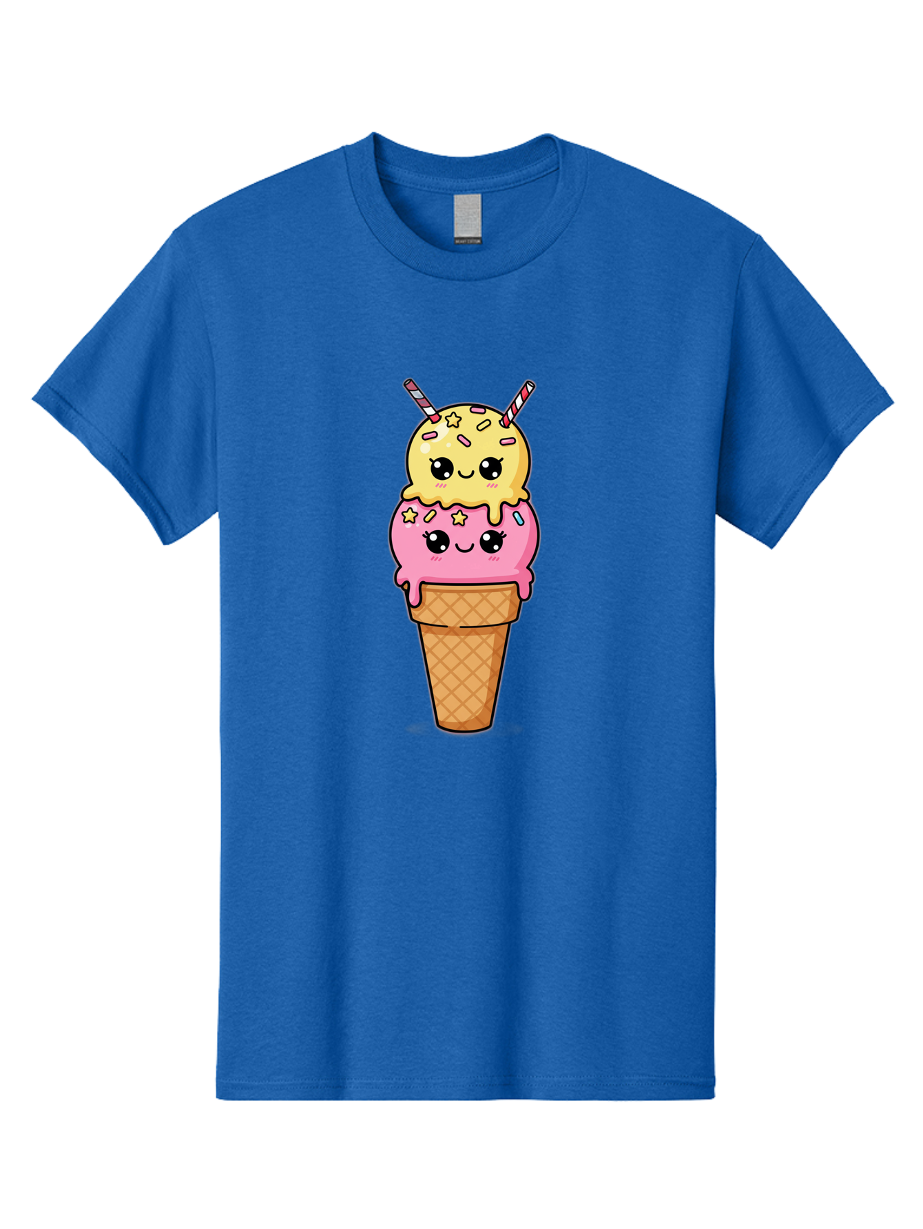 Double-Scoop-Ice-Cream-1 Men'S Graphic Tee, 100% Cotton, Comfortable Casual Summer Wear, Machine Washable, Two-Scoop Ice Cream, Melting Ice Cream, Pastel Colors, Cute Illustration, Pink And Yellow Scoops, Waffle Cone, Cartoon Style, Baa546