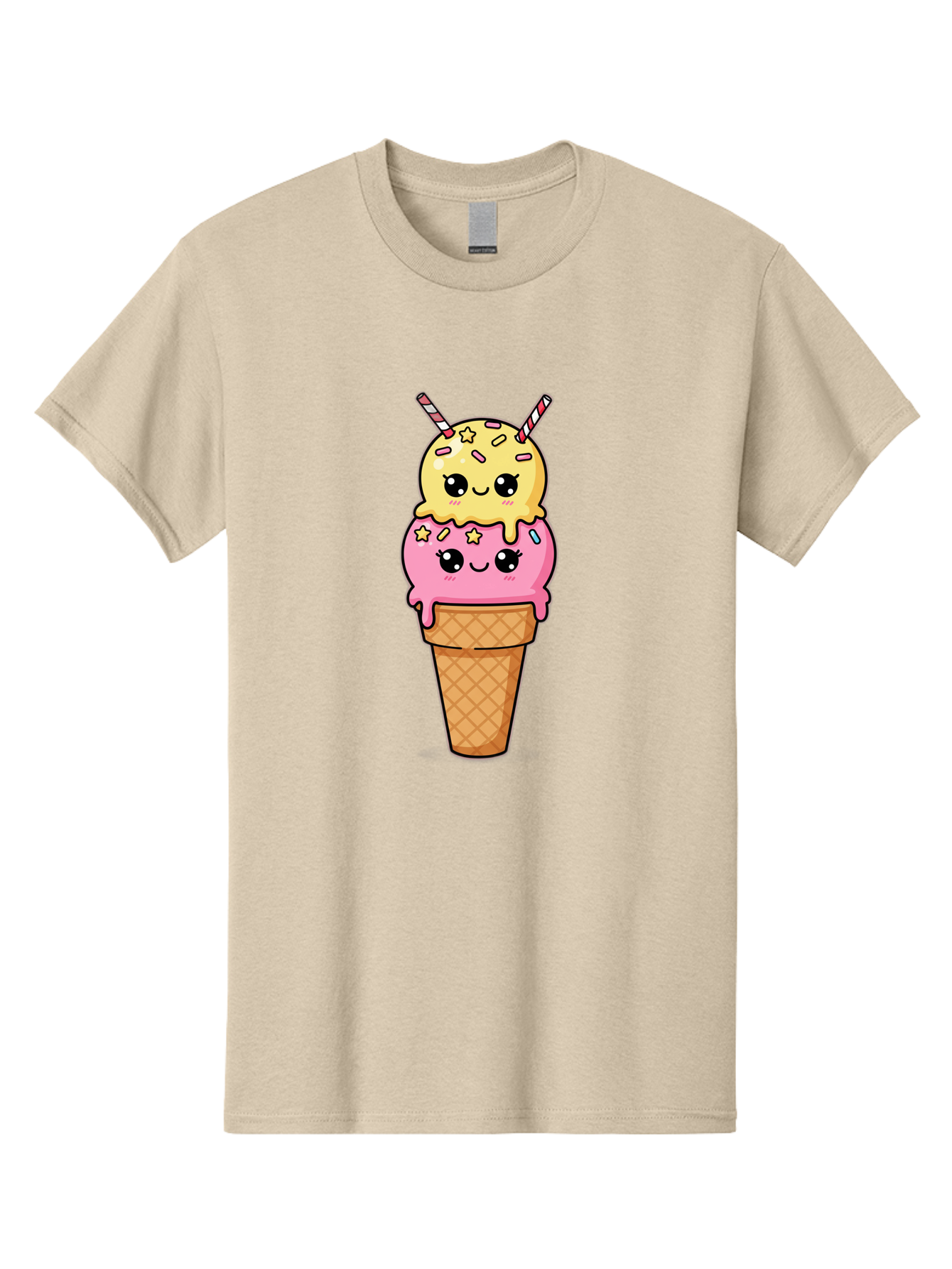 Double-Scoop-Ice-Cream-1 Men'S Graphic Tee, 100% Cotton, Comfortable Casual Summer Wear, Machine Washable, Two-Scoop Ice Cream, Melting Ice Cream, Pastel Colors, Cute Illustration, Pink And Yellow Scoops, Waffle Cone, Cartoon Style, Baa546