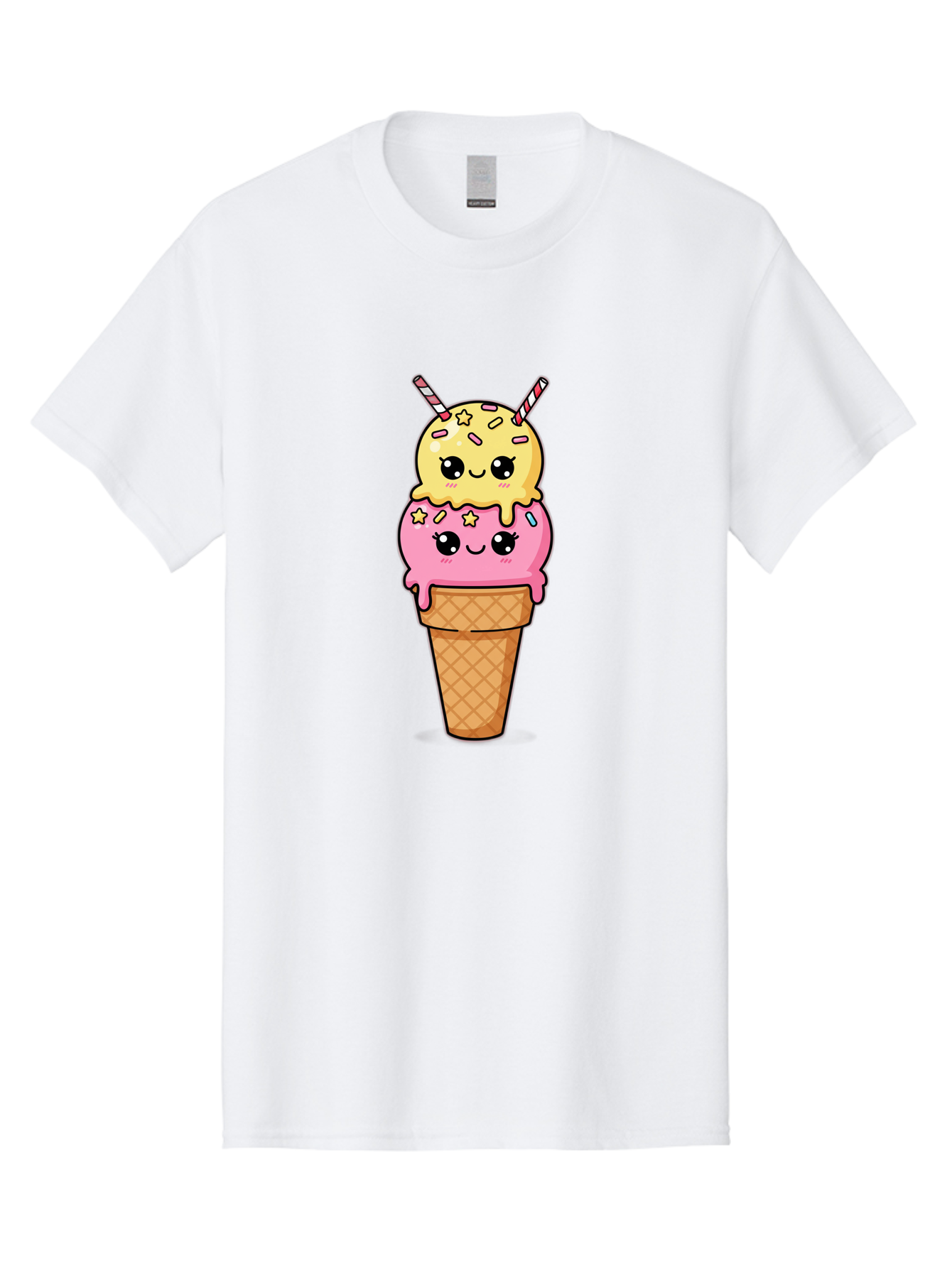 Double-Scoop-Ice-Cream-1 Men'S Graphic Tee, 100% Cotton, Comfortable Casual Summer Wear, Machine Washable, Two-Scoop Ice Cream, Melting Ice Cream, Pastel Colors, Cute Illustration, Pink And Yellow Scoops, Waffle Cone, Cartoon Style, Baa546