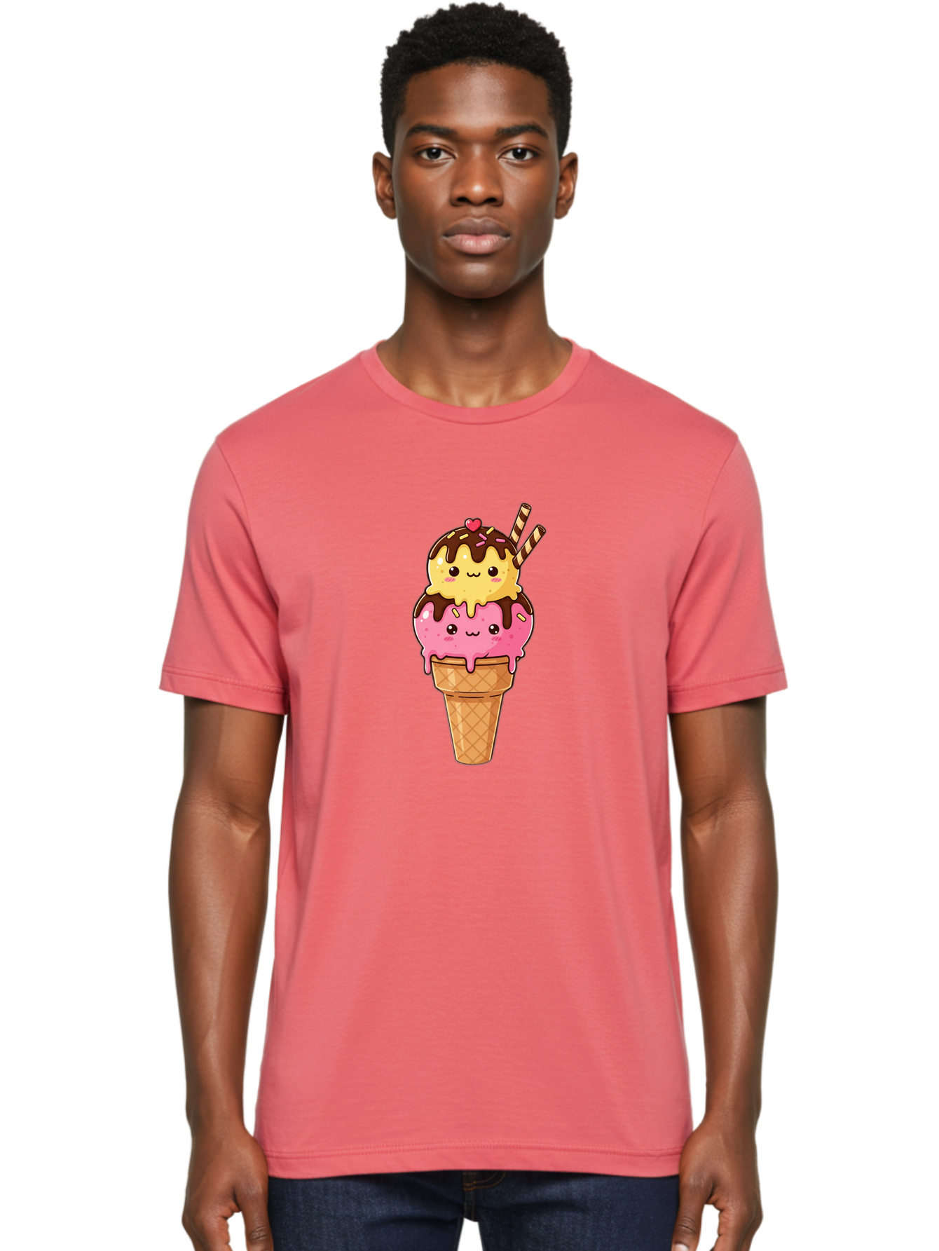 Double-Scoop-Ice-Cream-2 Men'S Graphic Tee, 100% Cotton, Comfortable Casual Summer Wear, Machine Washable, Kawaii Ice Cream, Cartoon Dessert, Melting Ice Cream, Waffle Cone, Chocolate Sauce, Pink And Yellow Ice Cream, Adorable Illustration, Baa547