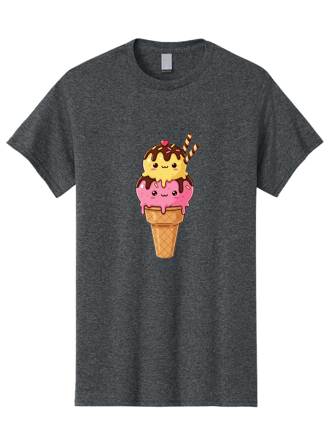 Double-Scoop-Ice-Cream-2 Men'S Graphic Tee, 100% Cotton, Comfortable Casual Summer Wear, Machine Washable, Kawaii Ice Cream, Cartoon Dessert, Melting Ice Cream, Waffle Cone, Chocolate Sauce, Pink And Yellow Ice Cream, Adorable Illustration, Baa547