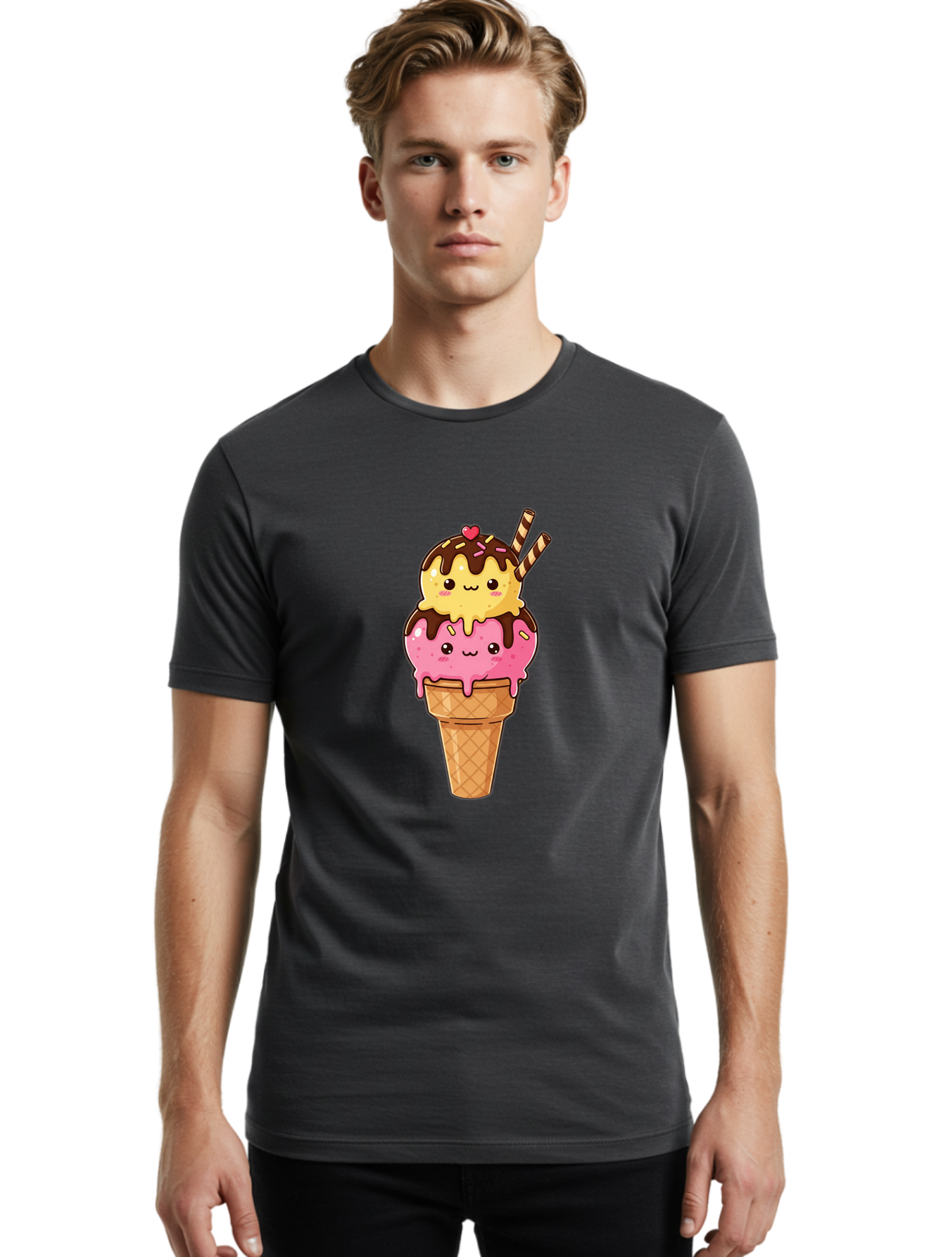 Double-Scoop-Ice-Cream-2 Men'S Graphic Tee, 100% Cotton, Comfortable Casual Summer Wear, Machine Washable, Kawaii Ice Cream, Cartoon Dessert, Melting Ice Cream, Waffle Cone, Chocolate Sauce, Pink And Yellow Ice Cream, Adorable Illustration, Baa547