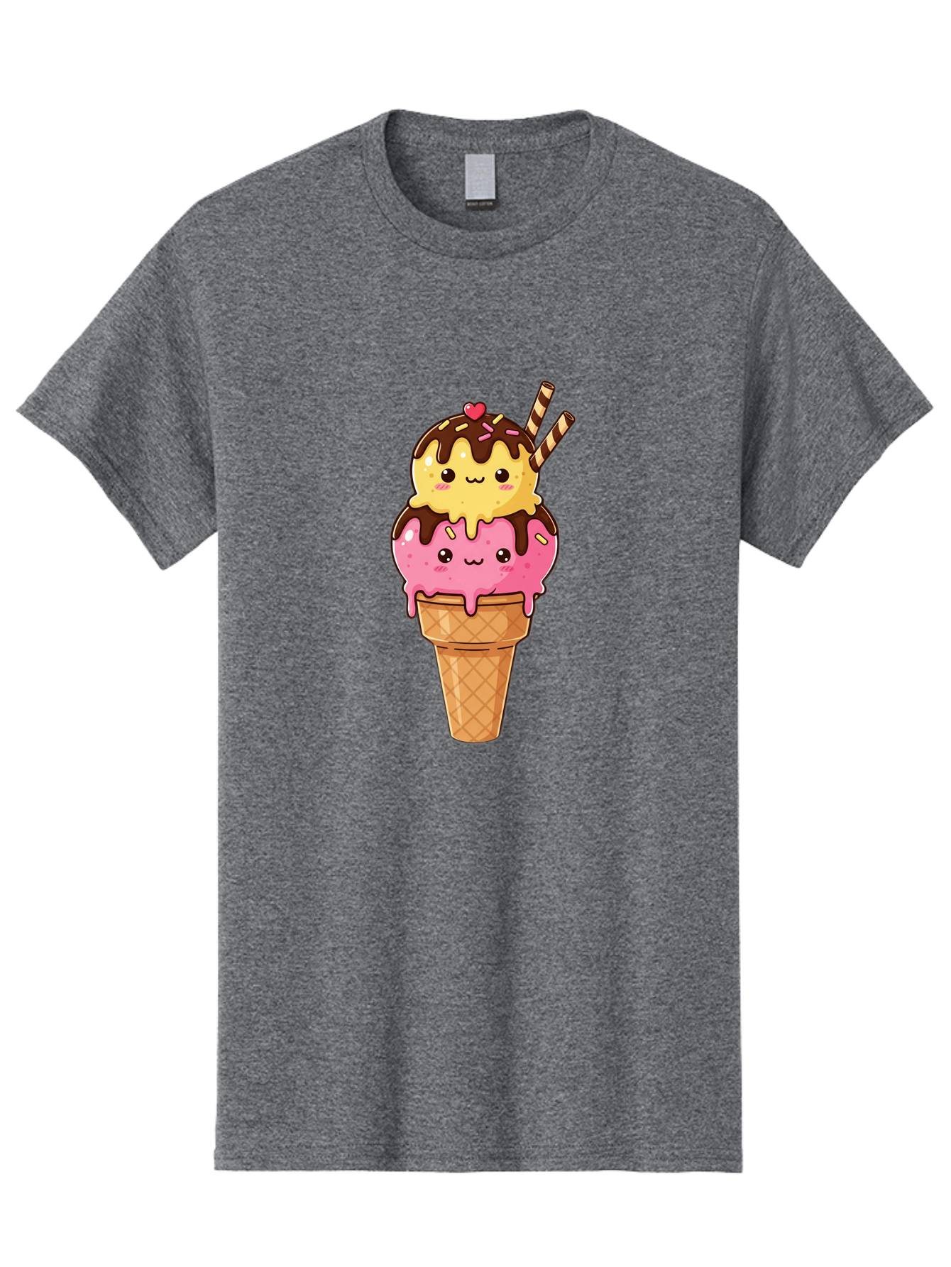 Double-Scoop-Ice-Cream-2 Men'S Graphic Tee, 100% Cotton, Comfortable Casual Summer Wear, Machine Washable, Kawaii Ice Cream, Cartoon Dessert, Melting Ice Cream, Waffle Cone, Chocolate Sauce, Pink And Yellow Ice Cream, Adorable Illustration, Baa547