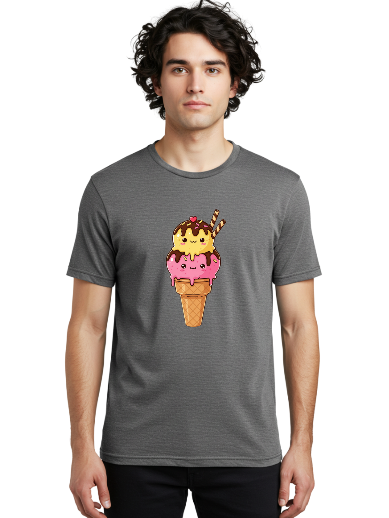 Double-Scoop-Ice-Cream-2 Men'S Graphic Tee, 100% Cotton, Comfortable Casual Summer Wear, Machine Washable, Kawaii Ice Cream, Cartoon Dessert, Melting Ice Cream, Waffle Cone, Chocolate Sauce, Pink And Yellow Ice Cream, Adorable Illustration, Baa547