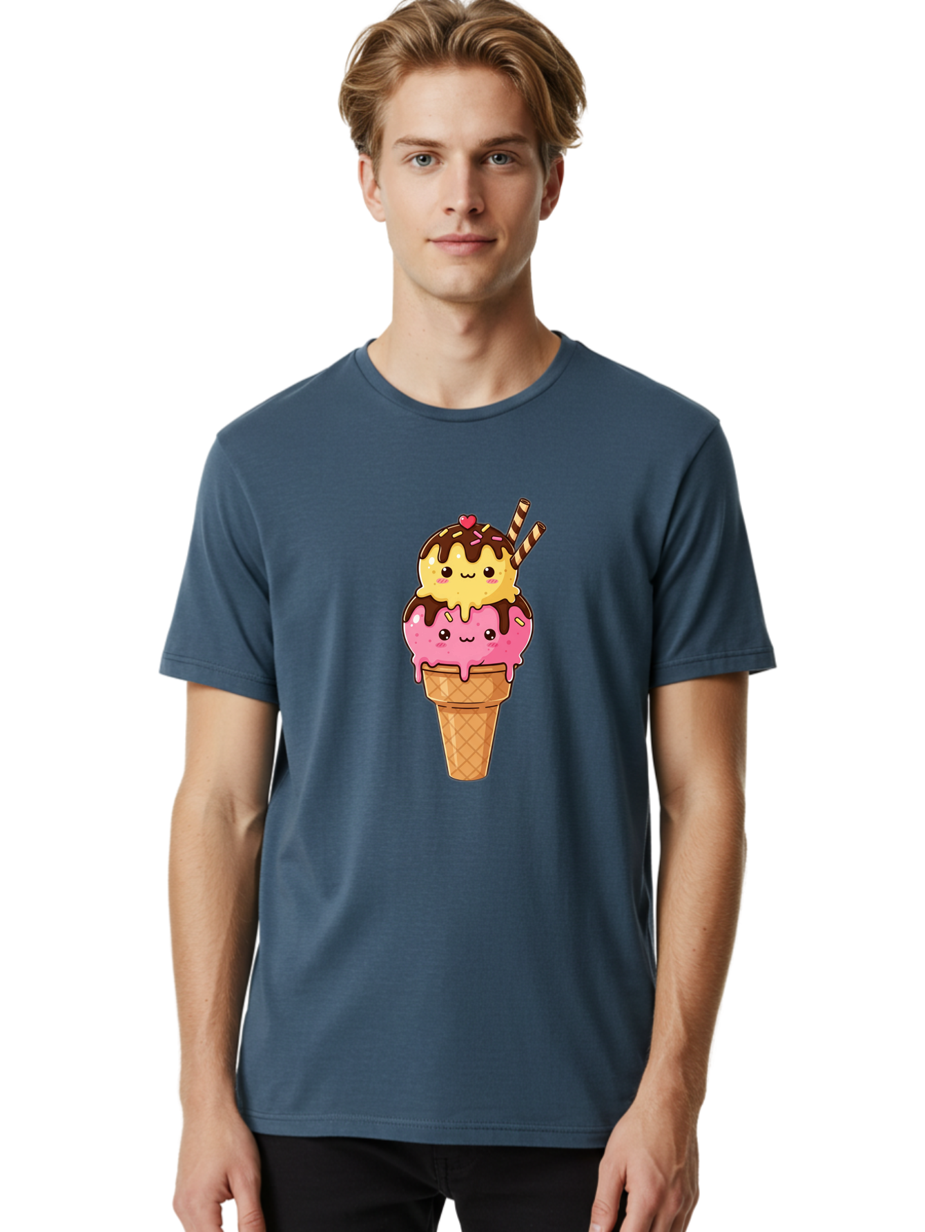 Double-Scoop-Ice-Cream-2 Men'S Graphic Tee, 100% Cotton, Comfortable Casual Summer Wear, Machine Washable, Kawaii Ice Cream, Cartoon Dessert, Melting Ice Cream, Waffle Cone, Chocolate Sauce, Pink And Yellow Ice Cream, Adorable Illustration, Baa547