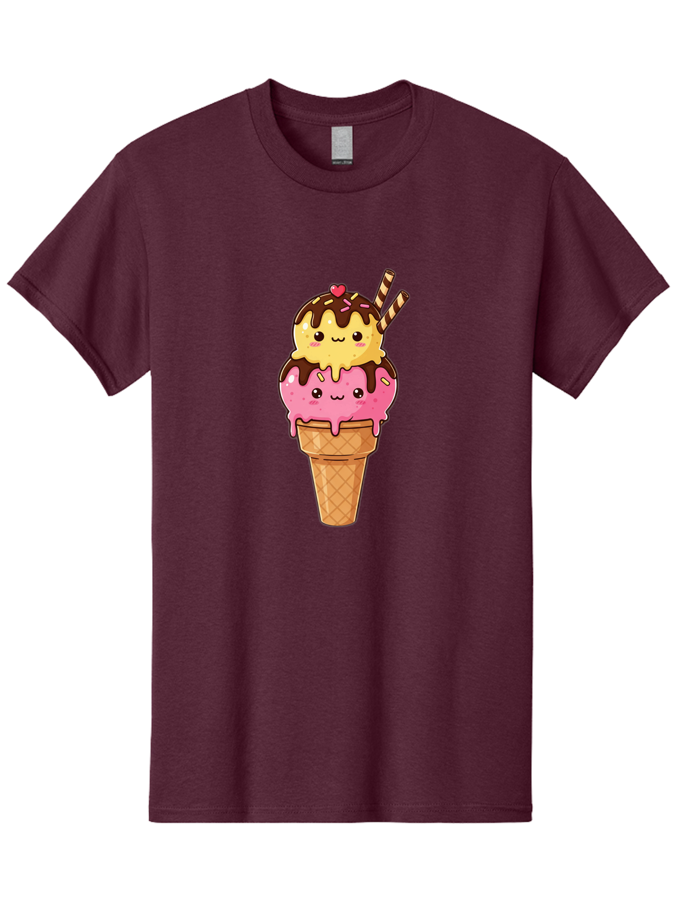 Double-Scoop-Ice-Cream-2 Men'S Graphic Tee, 100% Cotton, Comfortable Casual Summer Wear, Machine Washable, Kawaii Ice Cream, Cartoon Dessert, Melting Ice Cream, Waffle Cone, Chocolate Sauce, Pink And Yellow Ice Cream, Adorable Illustration, Baa547