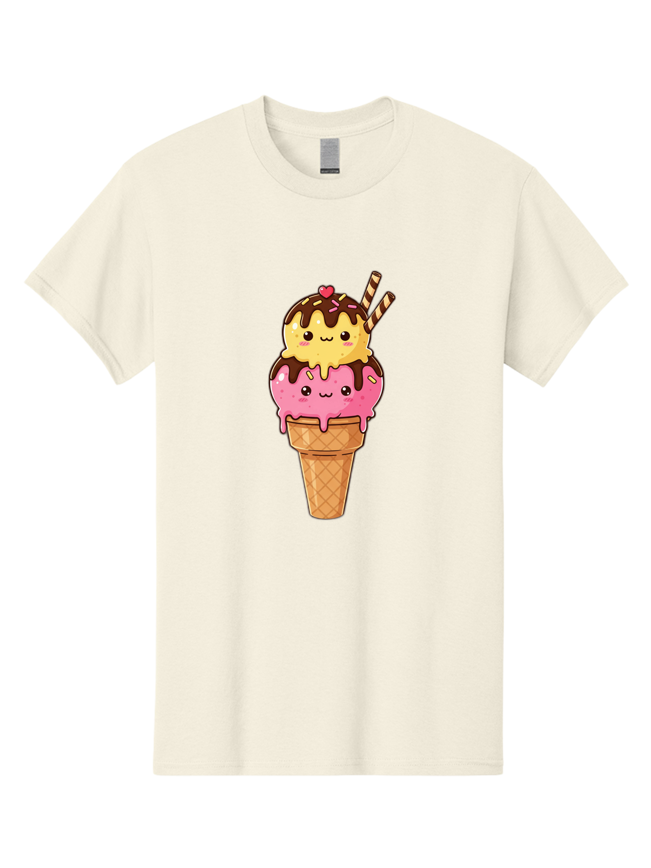 Double-Scoop-Ice-Cream-2 Men'S Graphic Tee, 100% Cotton, Comfortable Casual Summer Wear, Machine Washable, Kawaii Ice Cream, Cartoon Dessert, Melting Ice Cream, Waffle Cone, Chocolate Sauce, Pink And Yellow Ice Cream, Adorable Illustration, Baa547