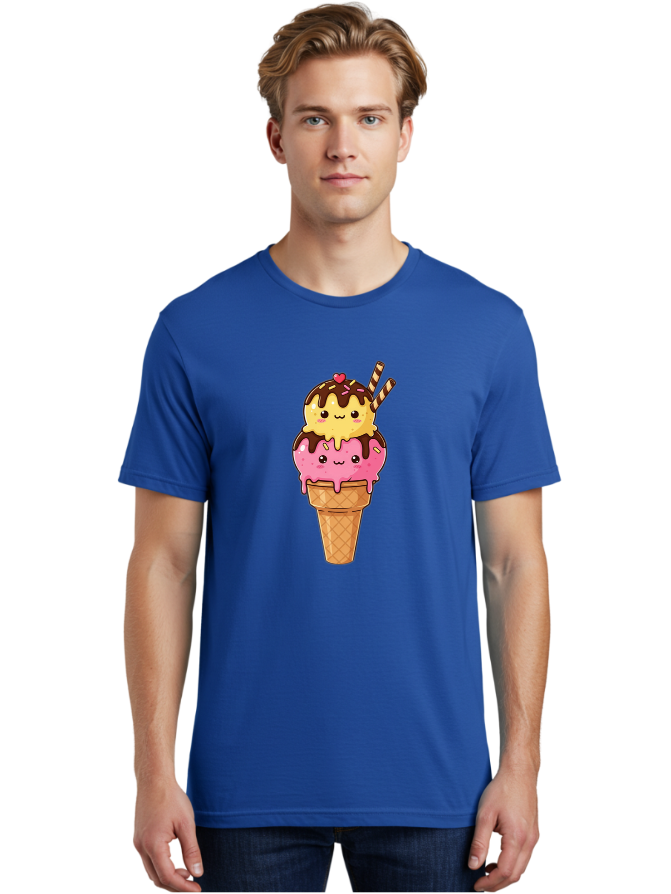 Double-Scoop-Ice-Cream-2 Men'S Graphic Tee, 100% Cotton, Comfortable Casual Summer Wear, Machine Washable, Kawaii Ice Cream, Cartoon Dessert, Melting Ice Cream, Waffle Cone, Chocolate Sauce, Pink And Yellow Ice Cream, Adorable Illustration, Baa547