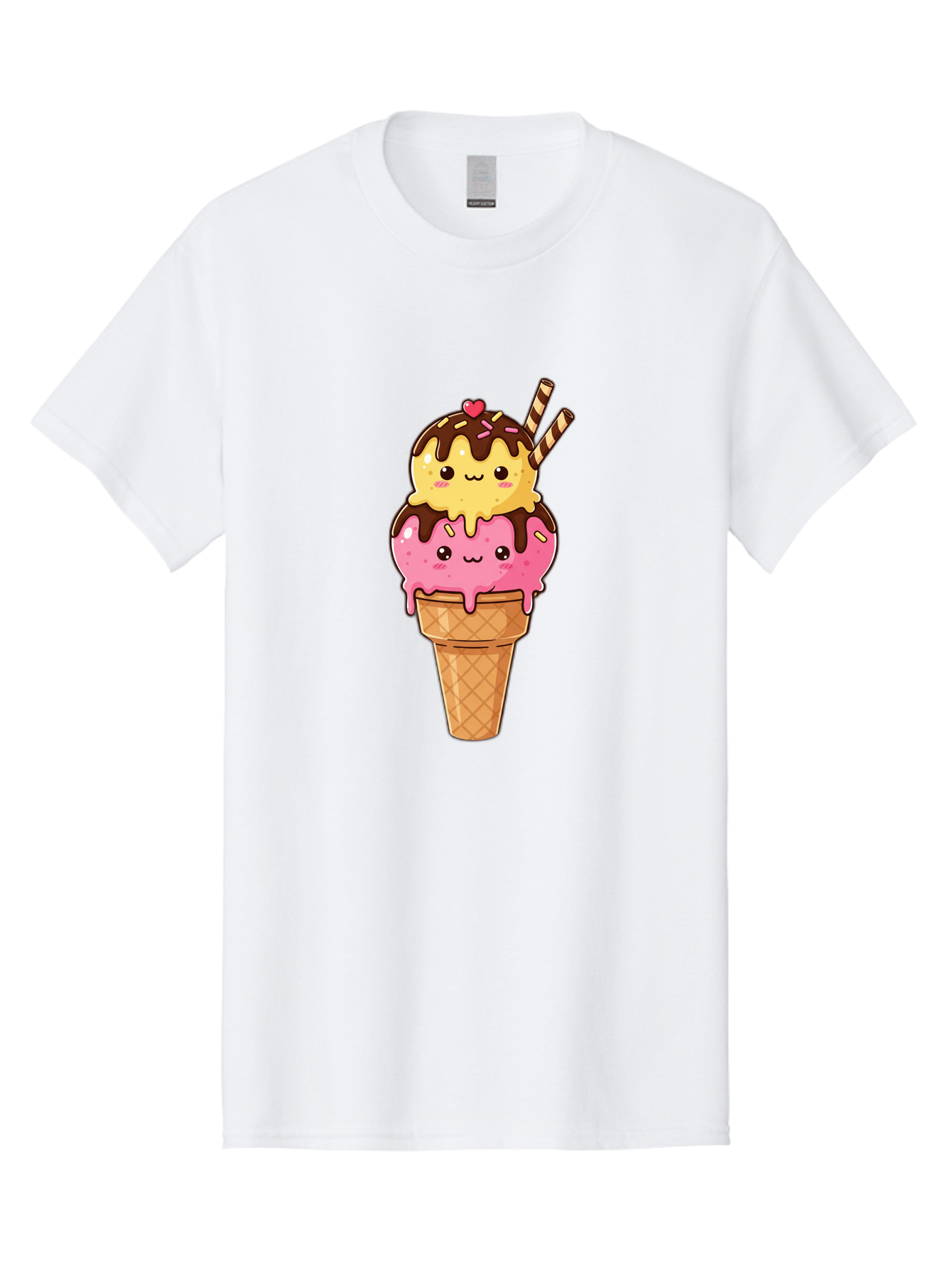 Double-Scoop-Ice-Cream-2 Men'S Graphic Tee, 100% Cotton, Comfortable Casual Summer Wear, Machine Washable, Kawaii Ice Cream, Cartoon Dessert, Melting Ice Cream, Waffle Cone, Chocolate Sauce, Pink And Yellow Ice Cream, Adorable Illustration, Baa547