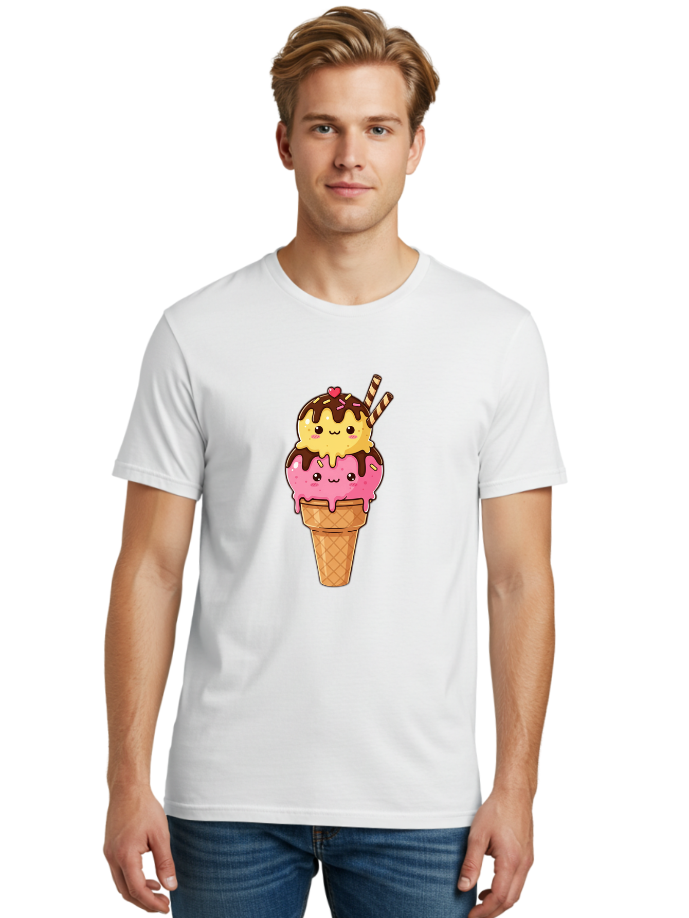 Double-Scoop-Ice-Cream-2 Men'S Graphic Tee, 100% Cotton, Comfortable Casual Summer Wear, Machine Washable, Kawaii Ice Cream, Cartoon Dessert, Melting Ice Cream, Waffle Cone, Chocolate Sauce, Pink And Yellow Ice Cream, Adorable Illustration, Baa547