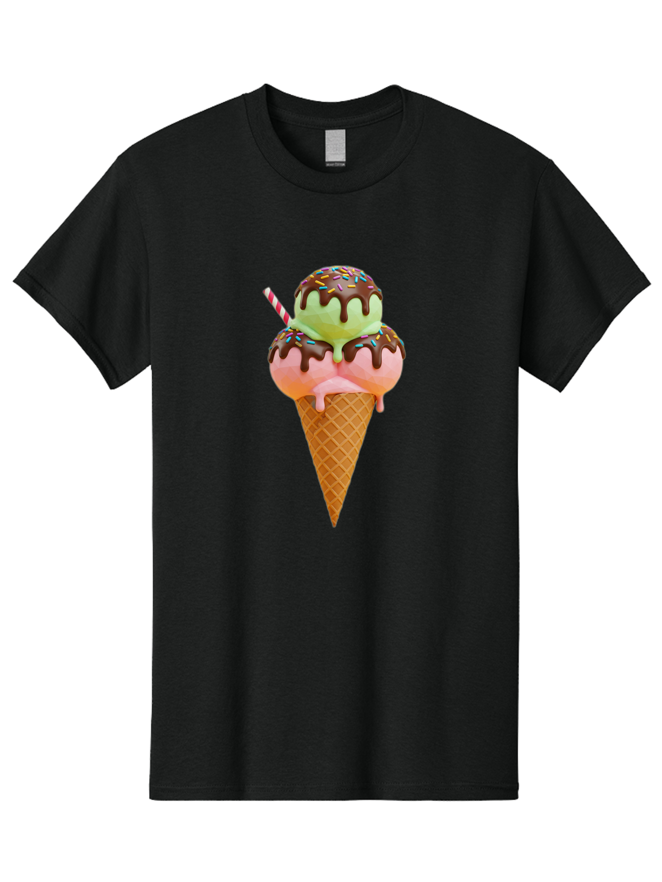 Double-Scoop-Ice-Cream Men'S Graphic Tee, 100% Cotton, Comfortable Casual Summer Wear, Machine Washable, Double Scoop Ice Cream, Waffle Cone, Chocolate Sauce, Sprinkles, Cold Treat, Sweet Dessert, Strawberry Ice Cream, Pistachio Ice Cream, Baa548