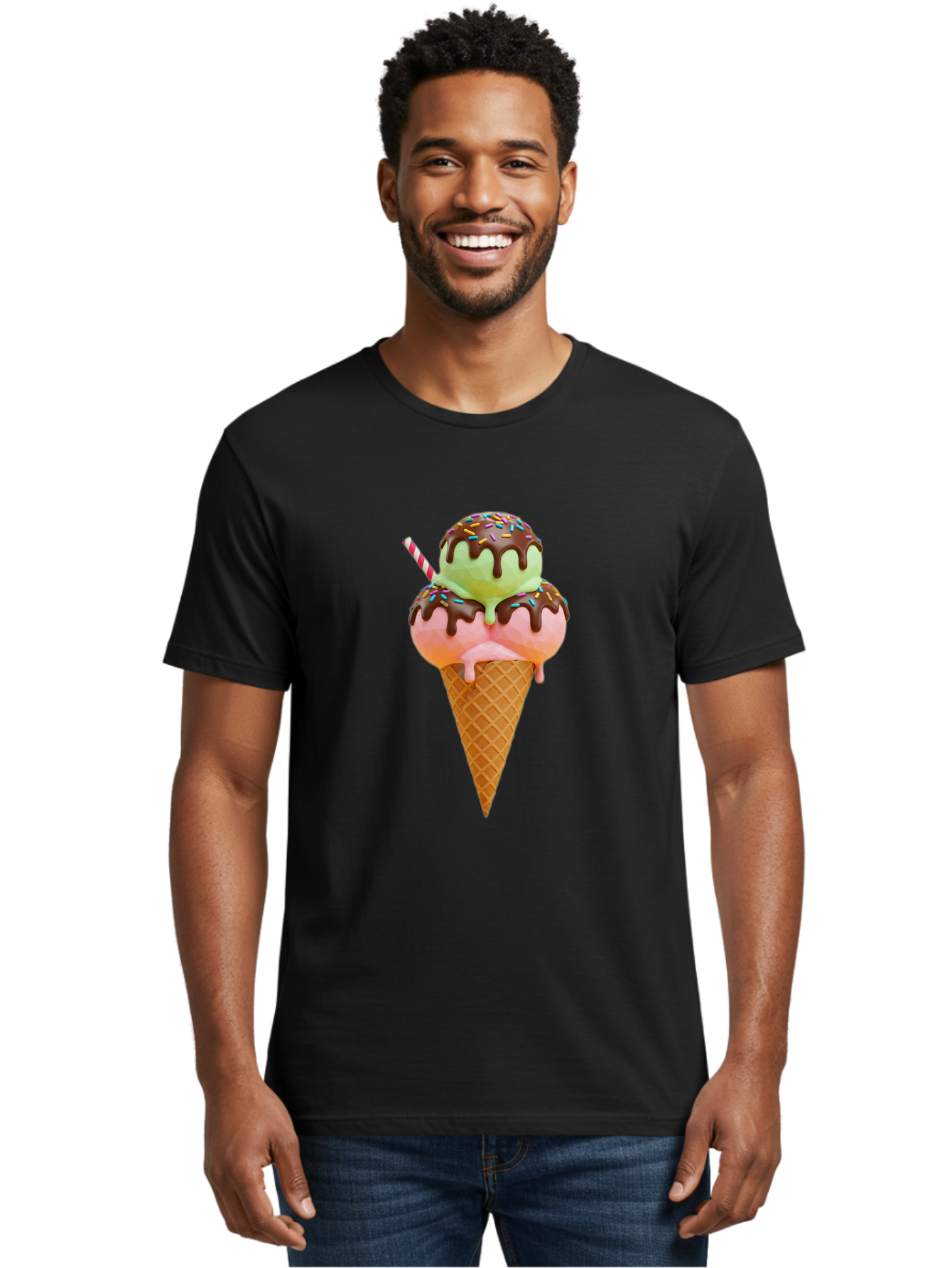 Double-Scoop-Ice-Cream Men'S Graphic Tee, 100% Cotton, Comfortable Casual Summer Wear, Machine Washable, Double Scoop Ice Cream, Waffle Cone, Chocolate Sauce, Sprinkles, Cold Treat, Sweet Dessert, Strawberry Ice Cream, Pistachio Ice Cream, Baa548