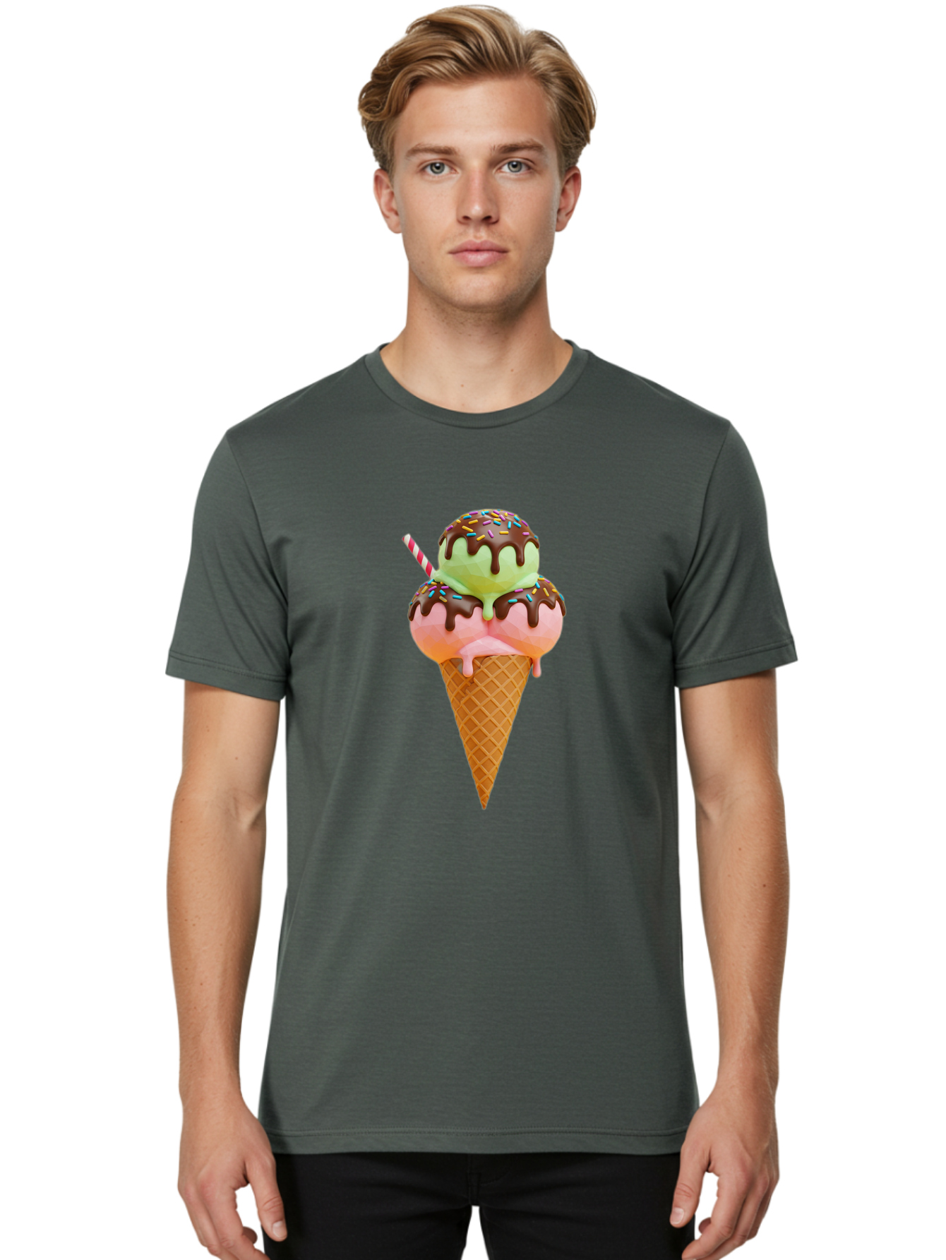 Double-Scoop-Ice-Cream Men'S Graphic Tee, 100% Cotton, Comfortable Casual Summer Wear, Machine Washable, Double Scoop Ice Cream, Waffle Cone, Chocolate Sauce, Sprinkles, Cold Treat, Sweet Dessert, Strawberry Ice Cream, Pistachio Ice Cream, Baa548