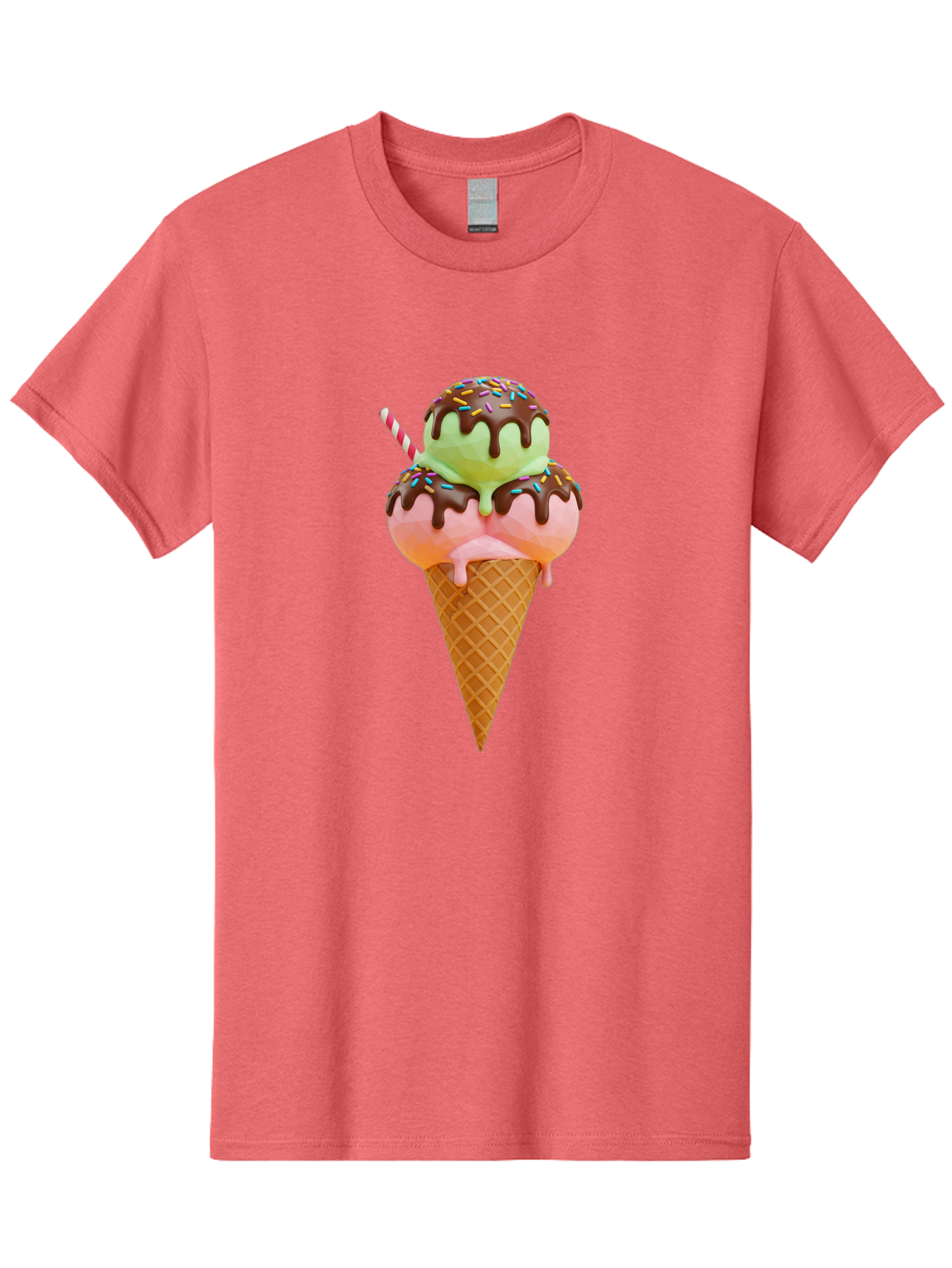 Double-Scoop-Ice-Cream Men'S Graphic Tee, 100% Cotton, Comfortable Casual Summer Wear, Machine Washable, Double Scoop Ice Cream, Waffle Cone, Chocolate Sauce, Sprinkles, Cold Treat, Sweet Dessert, Strawberry Ice Cream, Pistachio Ice Cream, Baa548