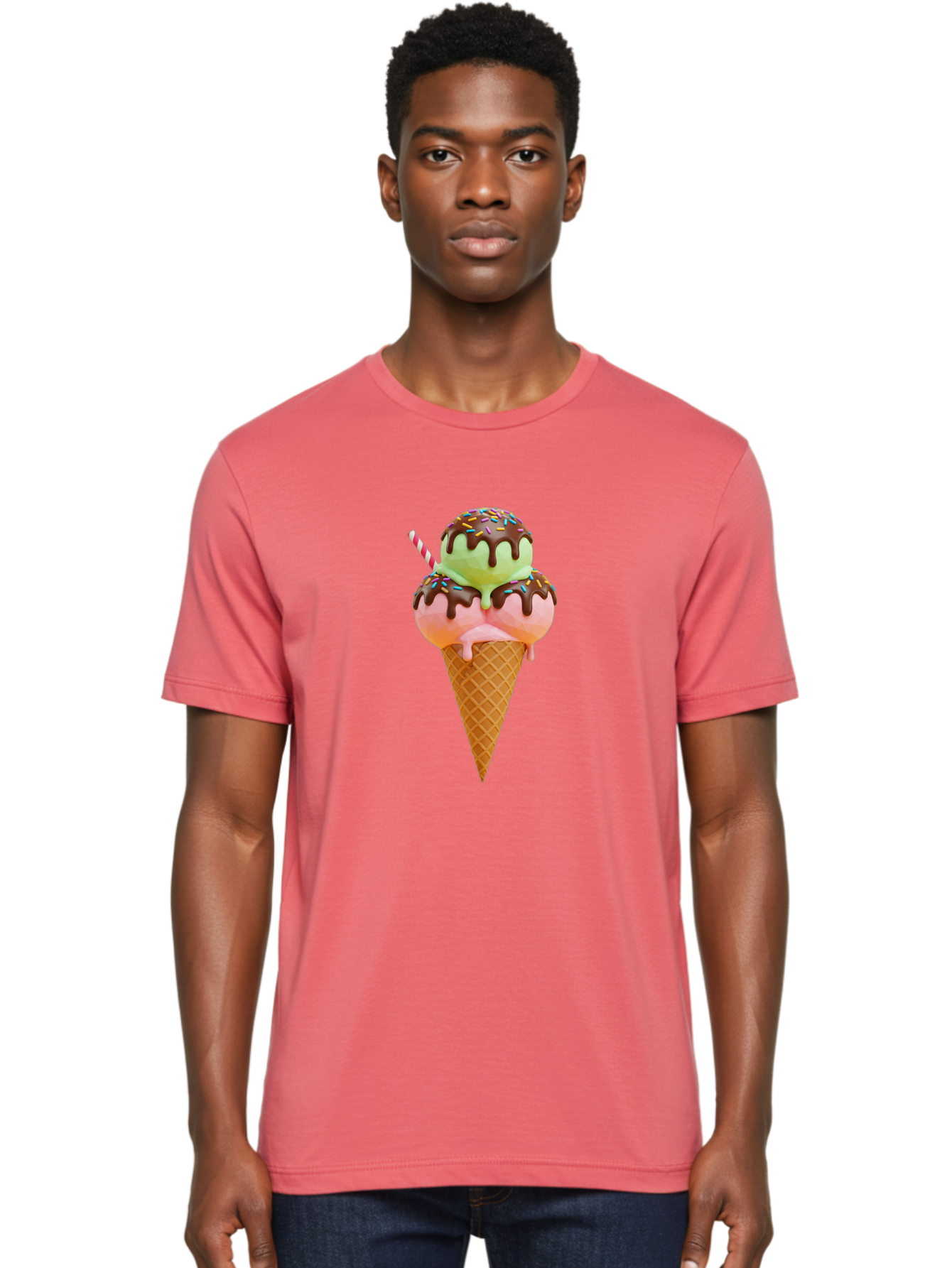 Double-Scoop-Ice-Cream Men'S Graphic Tee, 100% Cotton, Comfortable Casual Summer Wear, Machine Washable, Double Scoop Ice Cream, Waffle Cone, Chocolate Sauce, Sprinkles, Cold Treat, Sweet Dessert, Strawberry Ice Cream, Pistachio Ice Cream, Baa548