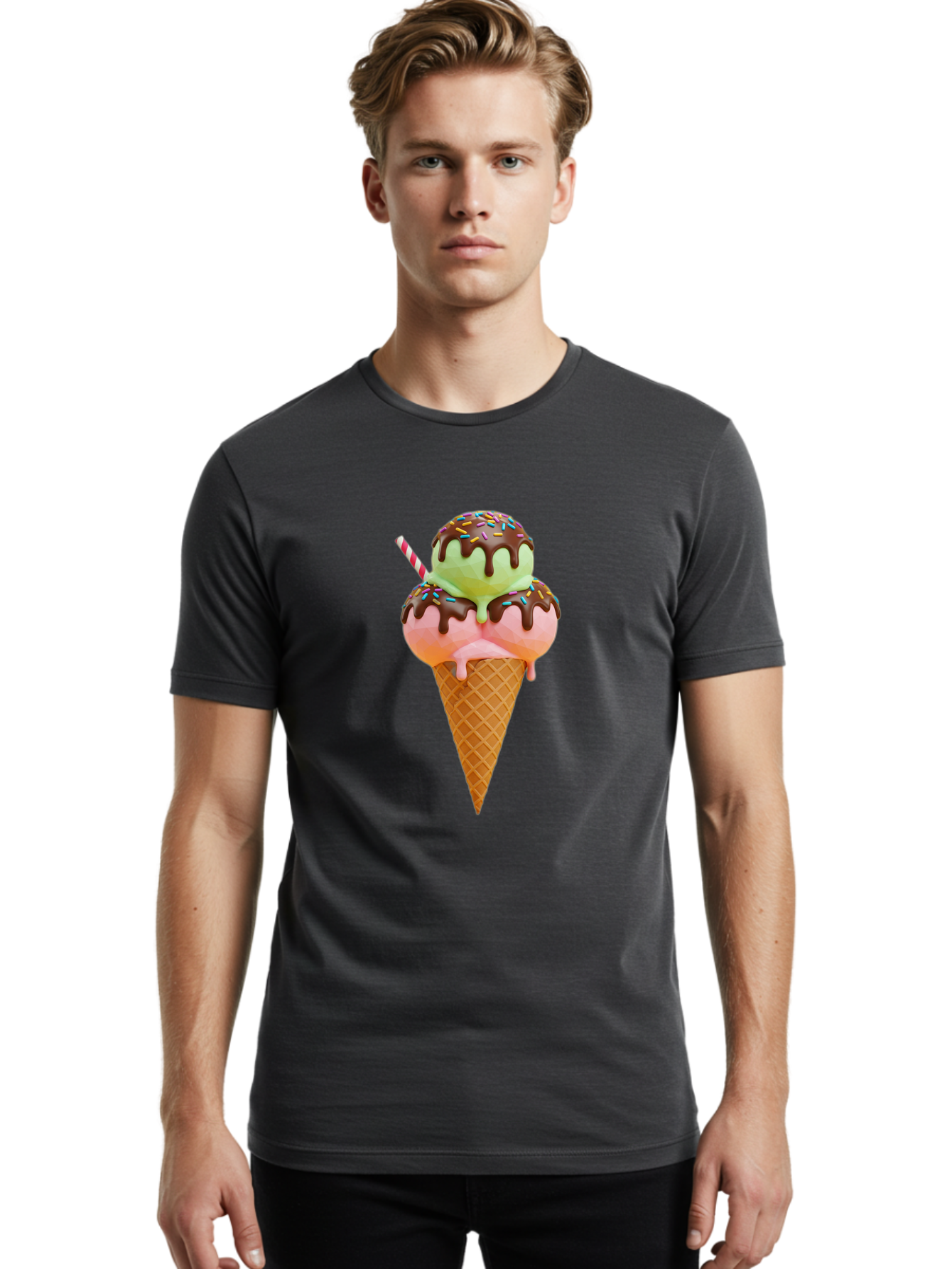 Double-Scoop-Ice-Cream Men'S Graphic Tee, 100% Cotton, Comfortable Casual Summer Wear, Machine Washable, Double Scoop Ice Cream, Waffle Cone, Chocolate Sauce, Sprinkles, Cold Treat, Sweet Dessert, Strawberry Ice Cream, Pistachio Ice Cream, Baa548