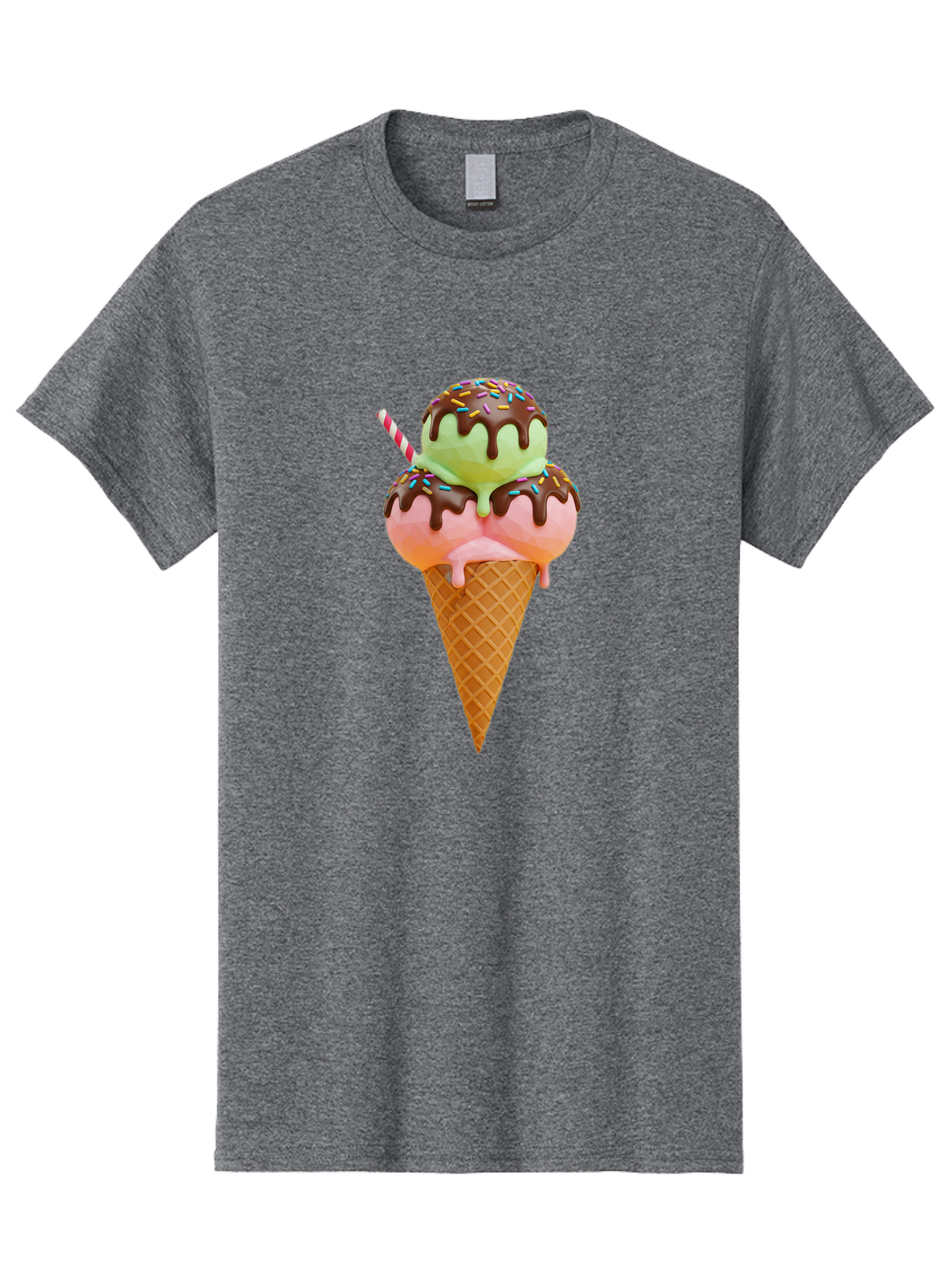 Double-Scoop-Ice-Cream Men'S Graphic Tee, 100% Cotton, Comfortable Casual Summer Wear, Machine Washable, Double Scoop Ice Cream, Waffle Cone, Chocolate Sauce, Sprinkles, Cold Treat, Sweet Dessert, Strawberry Ice Cream, Pistachio Ice Cream, Baa548