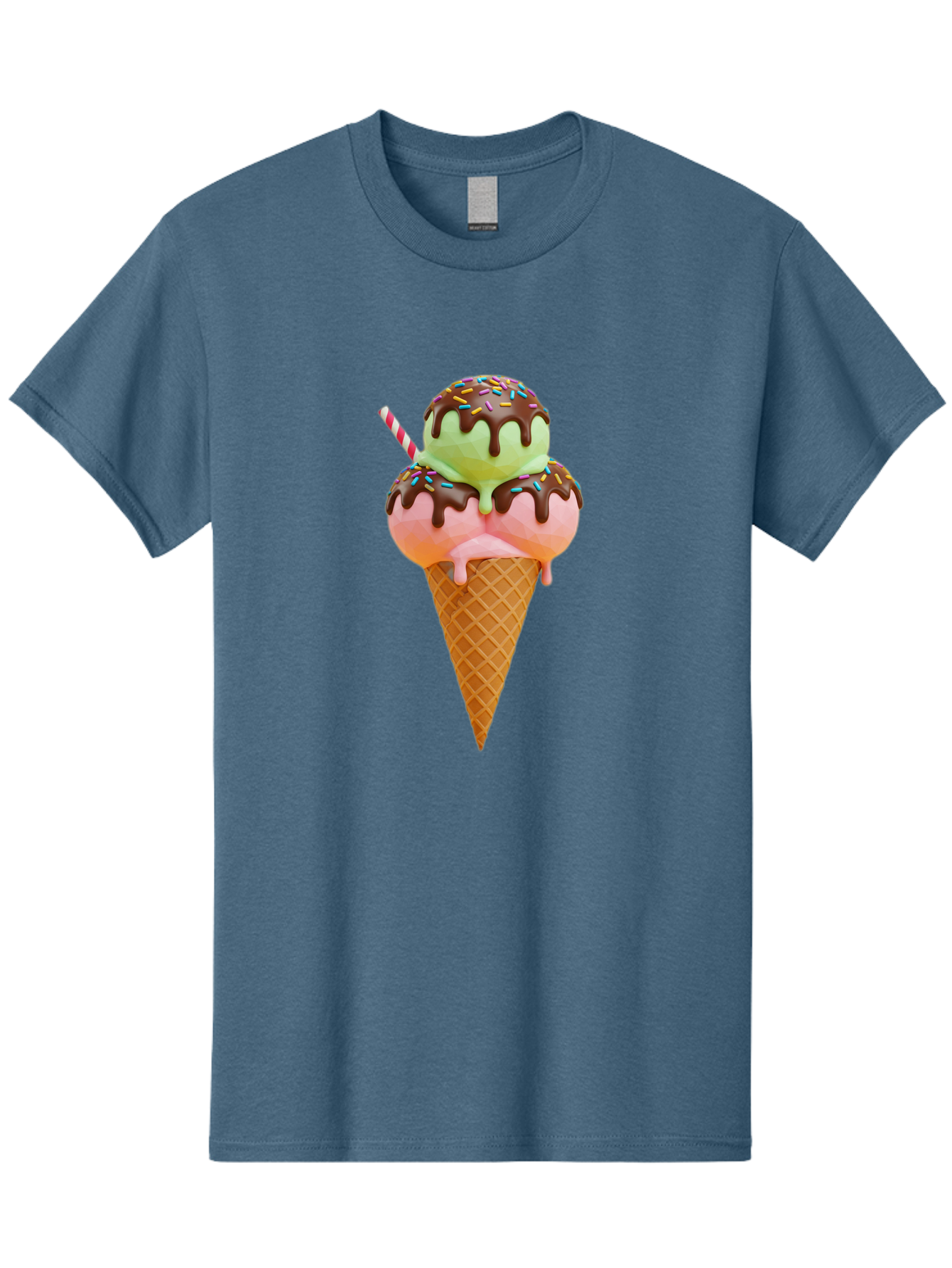 Double-Scoop-Ice-Cream Men'S Graphic Tee, 100% Cotton, Comfortable Casual Summer Wear, Machine Washable, Double Scoop Ice Cream, Waffle Cone, Chocolate Sauce, Sprinkles, Cold Treat, Sweet Dessert, Strawberry Ice Cream, Pistachio Ice Cream, Baa548