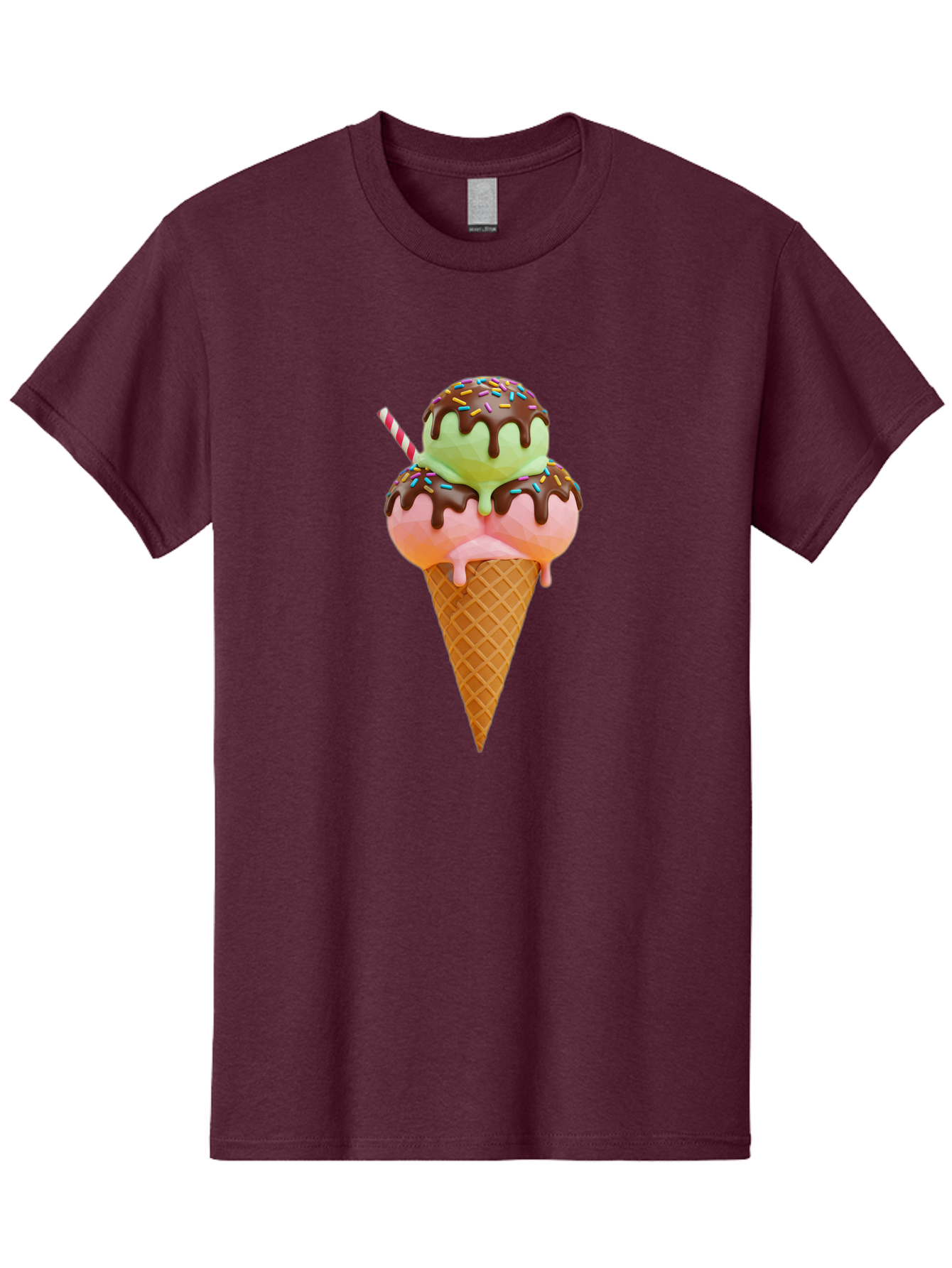 Double-Scoop-Ice-Cream Men'S Graphic Tee, 100% Cotton, Comfortable Casual Summer Wear, Machine Washable, Double Scoop Ice Cream, Waffle Cone, Chocolate Sauce, Sprinkles, Cold Treat, Sweet Dessert, Strawberry Ice Cream, Pistachio Ice Cream, Baa548