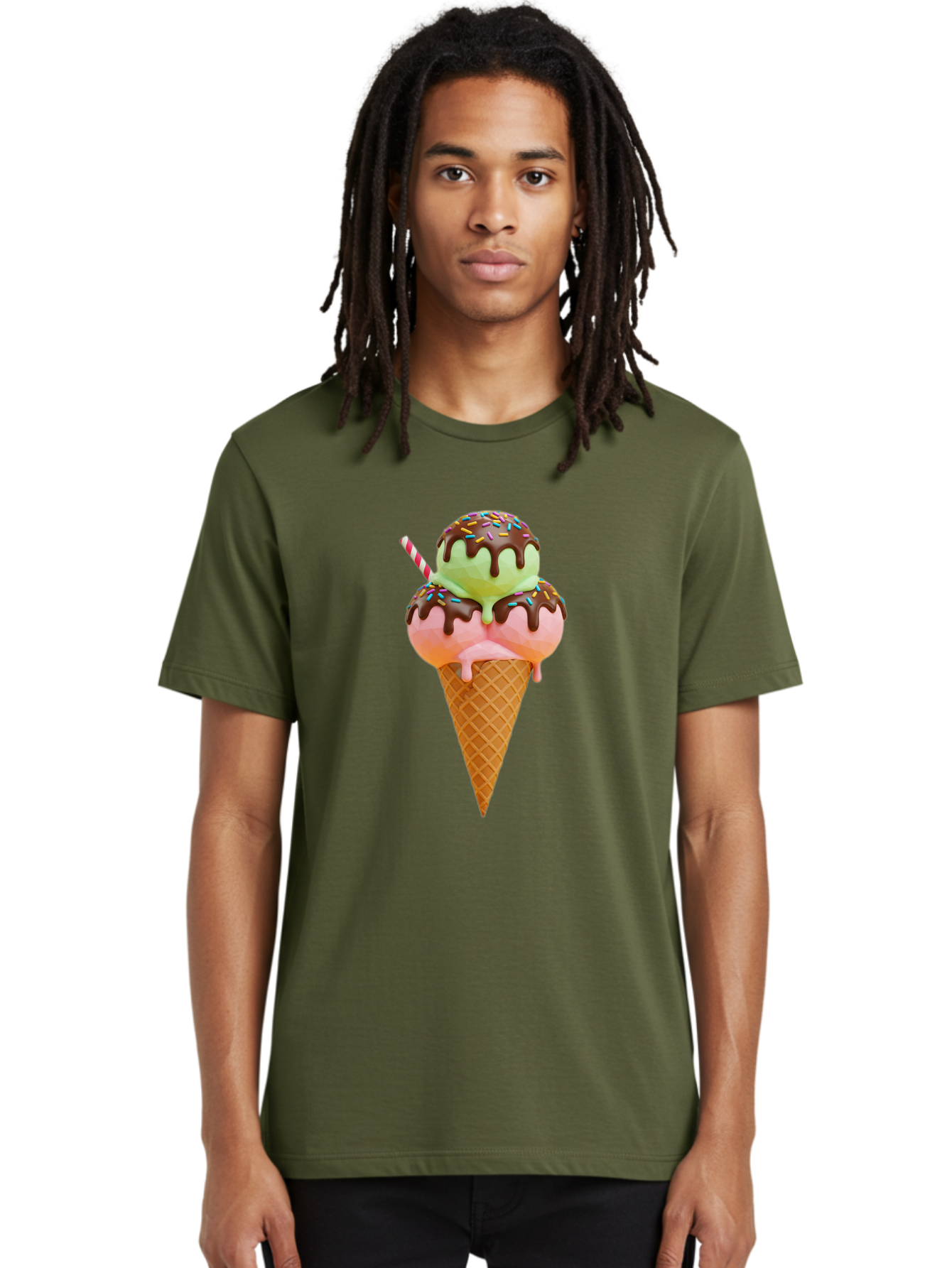 Double-Scoop-Ice-Cream Men'S Graphic Tee, 100% Cotton, Comfortable Casual Summer Wear, Machine Washable, Double Scoop Ice Cream, Waffle Cone, Chocolate Sauce, Sprinkles, Cold Treat, Sweet Dessert, Strawberry Ice Cream, Pistachio Ice Cream, Baa548