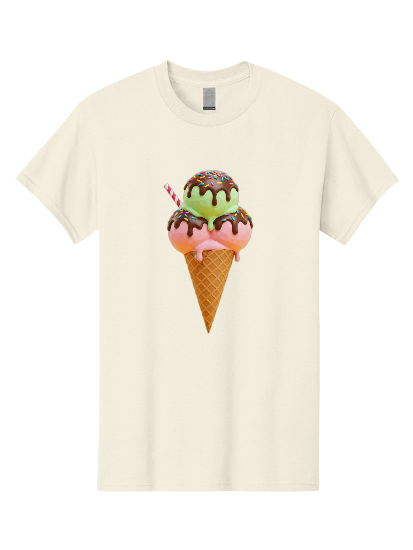Double-Scoop-Ice-Cream Men'S Graphic Tee, 100% Cotton, Comfortable Casual Summer Wear, Machine Washable, Double Scoop Ice Cream, Waffle Cone, Chocolate Sauce, Sprinkles, Cold Treat, Sweet Dessert, Strawberry Ice Cream, Pistachio Ice Cream, Baa548