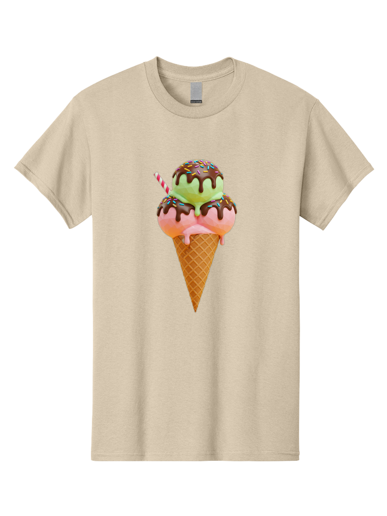 Double-Scoop-Ice-Cream Men'S Graphic Tee, 100% Cotton, Comfortable Casual Summer Wear, Machine Washable, Double Scoop Ice Cream, Waffle Cone, Chocolate Sauce, Sprinkles, Cold Treat, Sweet Dessert, Strawberry Ice Cream, Pistachio Ice Cream, Baa548