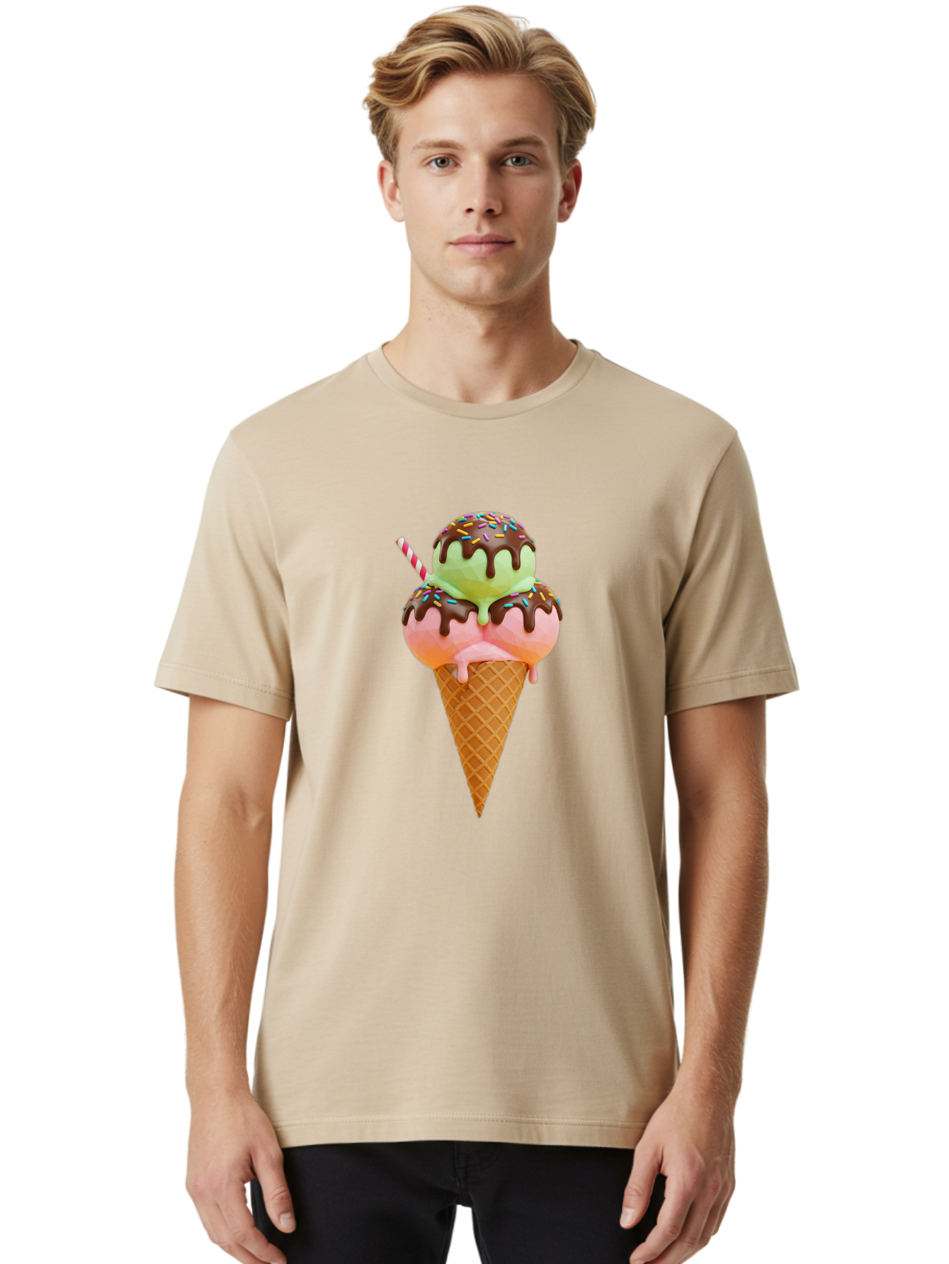 Double-Scoop-Ice-Cream Men'S Graphic Tee, 100% Cotton, Comfortable Casual Summer Wear, Machine Washable, Double Scoop Ice Cream, Waffle Cone, Chocolate Sauce, Sprinkles, Cold Treat, Sweet Dessert, Strawberry Ice Cream, Pistachio Ice Cream, Baa548